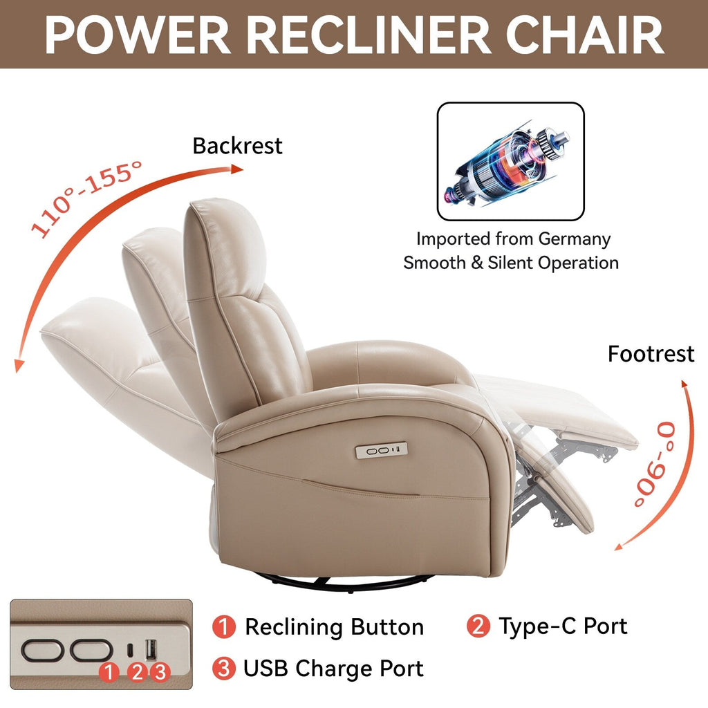 Fauteuil inclinable électrique en cuir véritable bleu avec pivot et chargement USB
