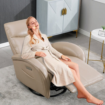 Fauteuil inclinable électrique en cuir véritable bleu avec pivot et chargement USB