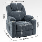 Fauteuil inclinable releveur bleu avec massage 8 points, chauffage lombaire, deux ports USB et porte-gobelets en acier inoxydable