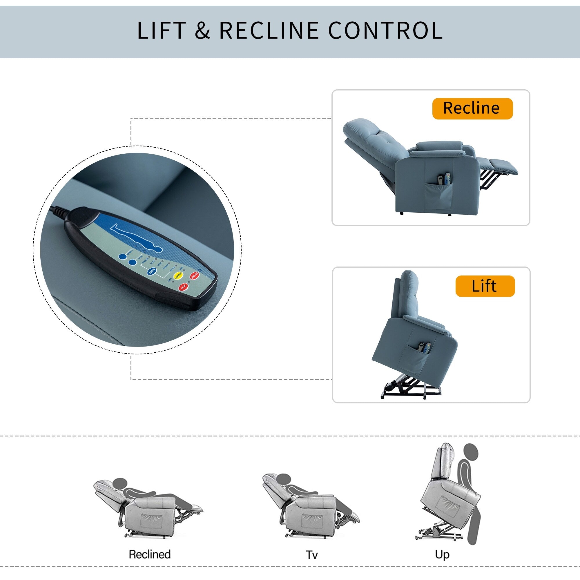 Fauteuil inclinable électrique bleu avec massage, chauffage, positions réglables et poche latérale pour plus de commodité
