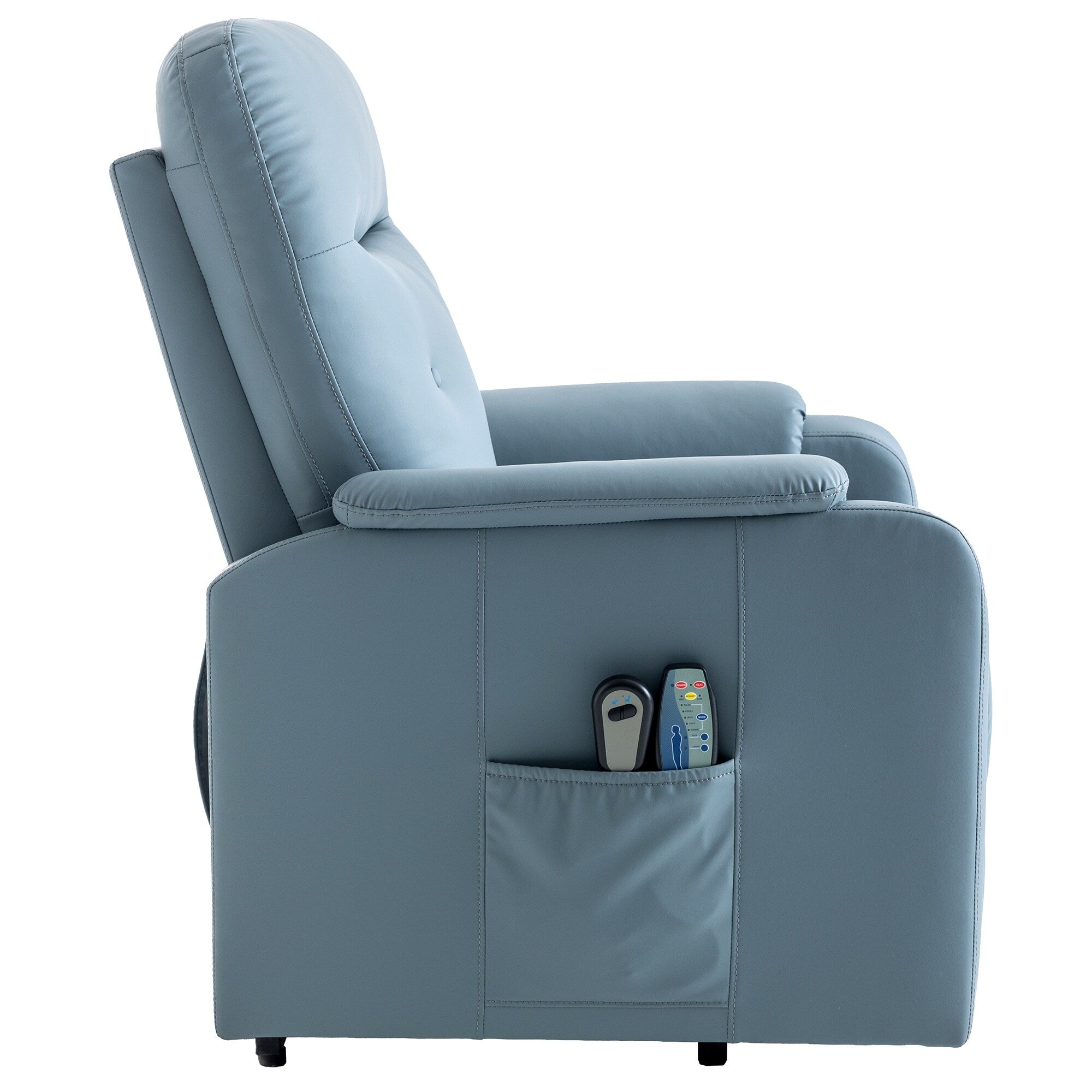 Fauteuil inclinable électrique bleu avec massage, chauffage, positions réglables et poche latérale pour plus de commodité