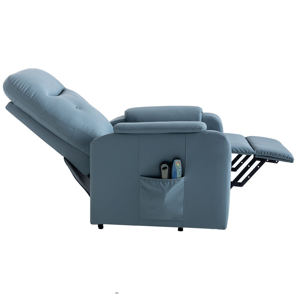 Fauteuil inclinable électrique bleu avec massage, chauffage, positions réglables et poche latérale pour plus de commodité