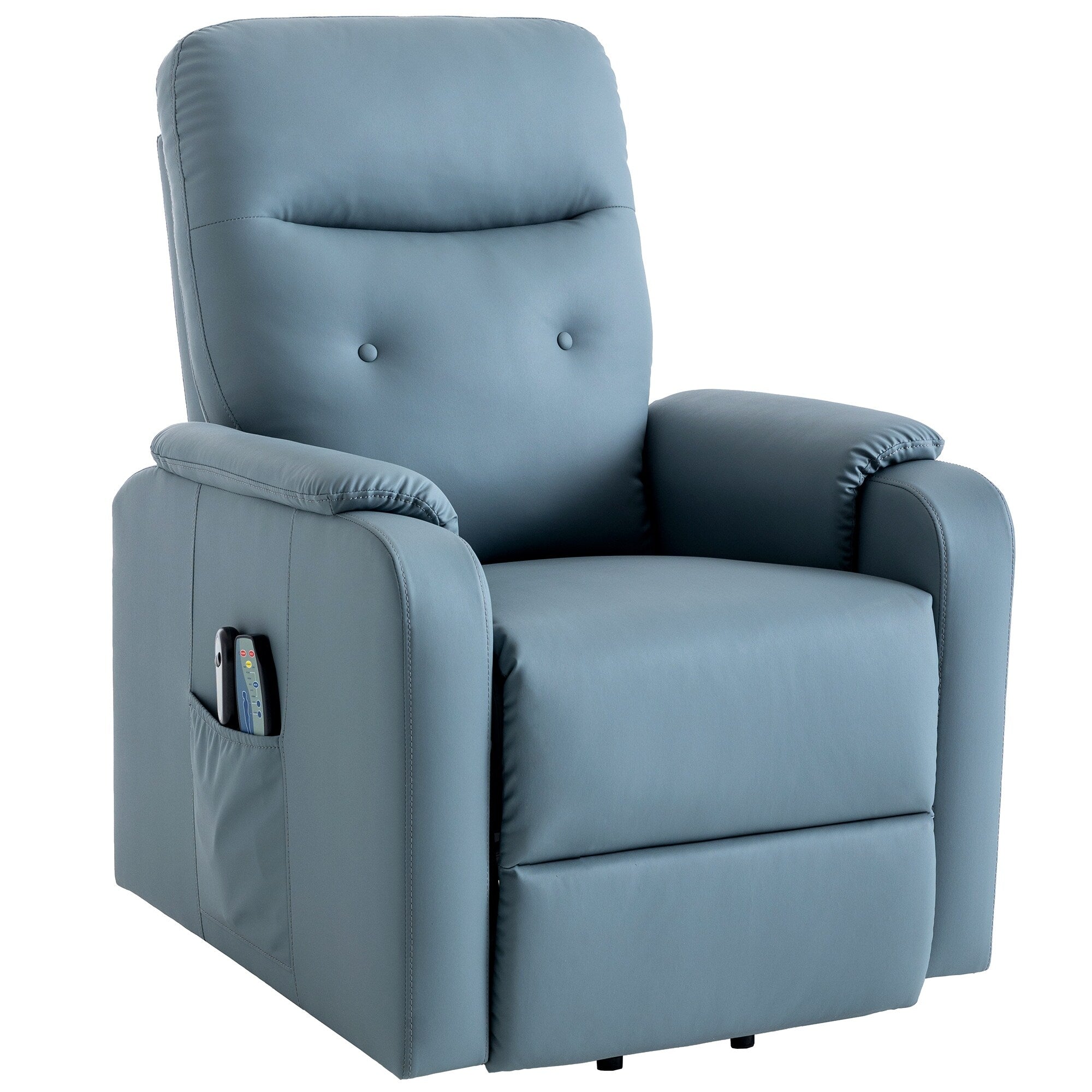 Fauteuil inclinable électrique bleu avec massage, chauffage, positions réglables et poche latérale pour plus de commodité