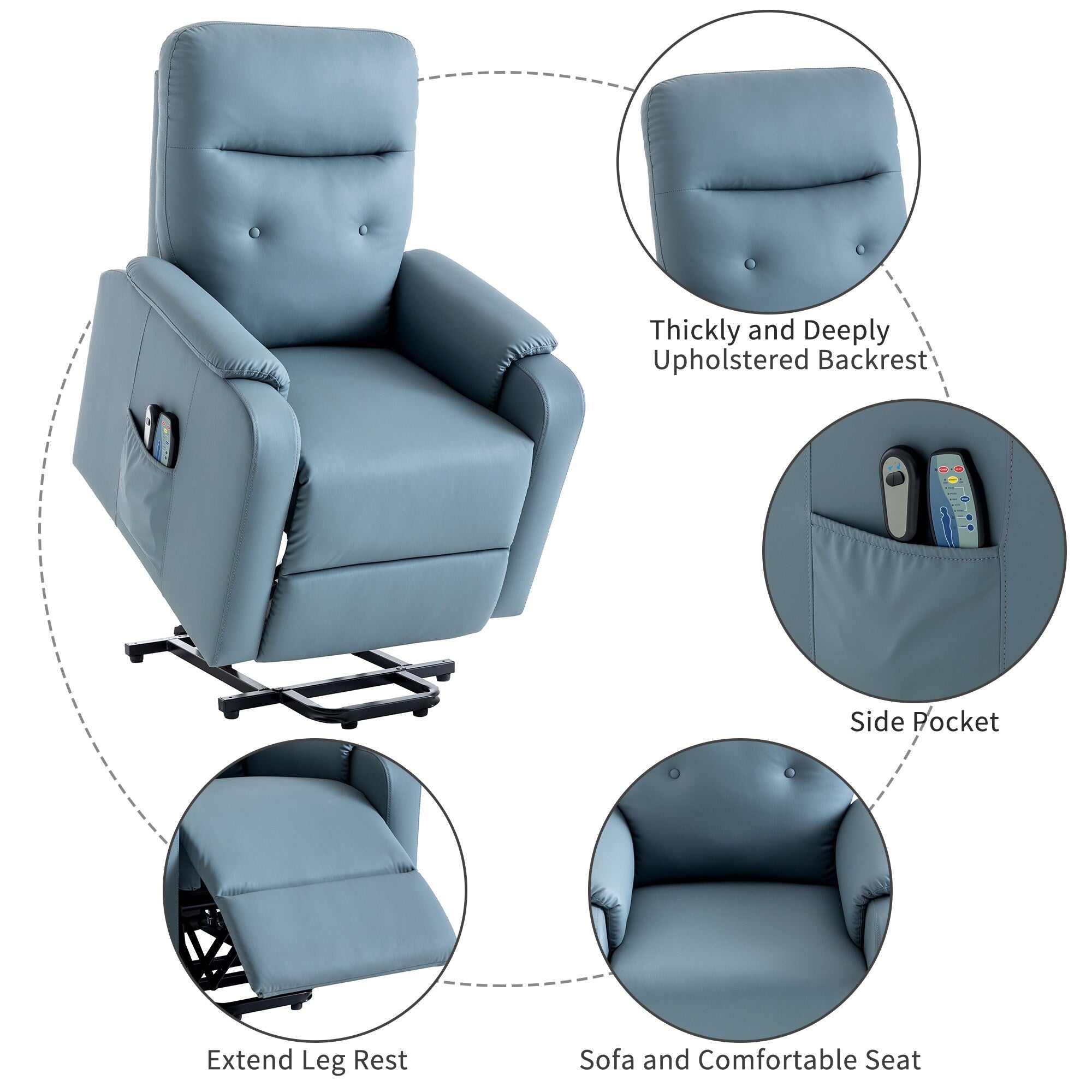 Fauteuil inclinable électrique bleu avec massage, chauffage, positions réglables et poche latérale pour plus de commodité