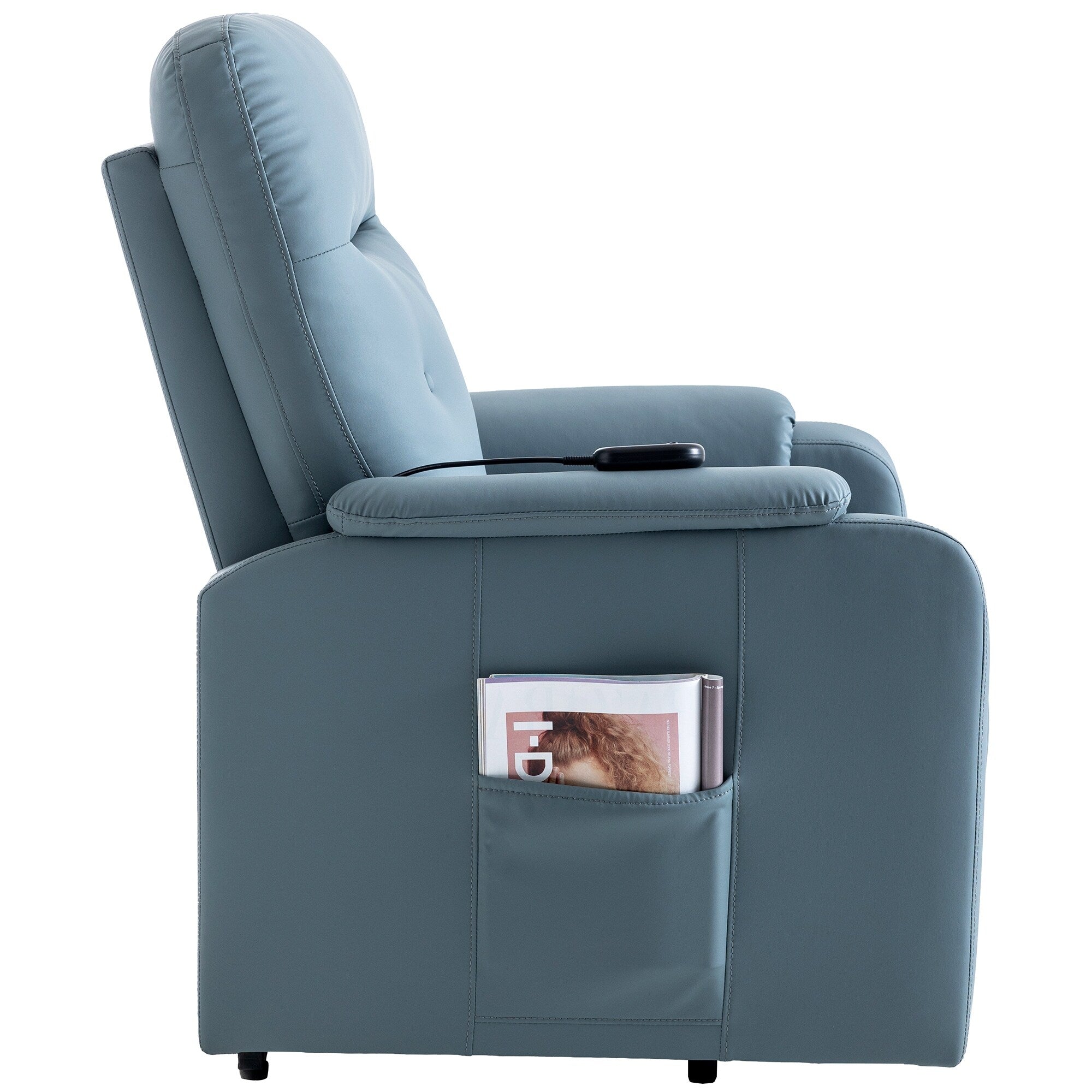 Fauteuil inclinable électrique bleu avec massage, chauffage, positions réglables et poche latérale pour plus de commodité