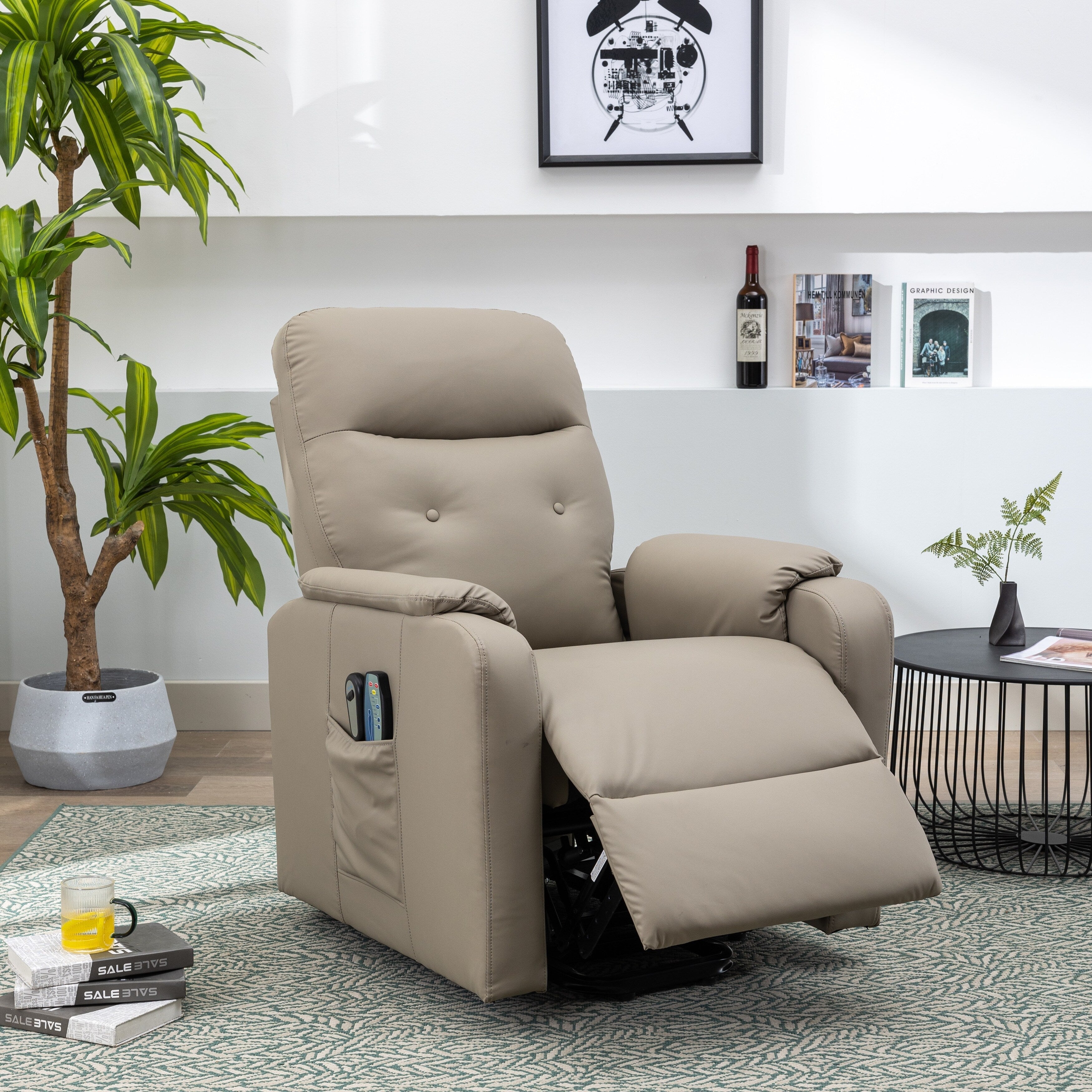 Fauteuil inclinable électrique bleu avec massage, chauffage, positions réglables et poche latérale pour plus de commodité