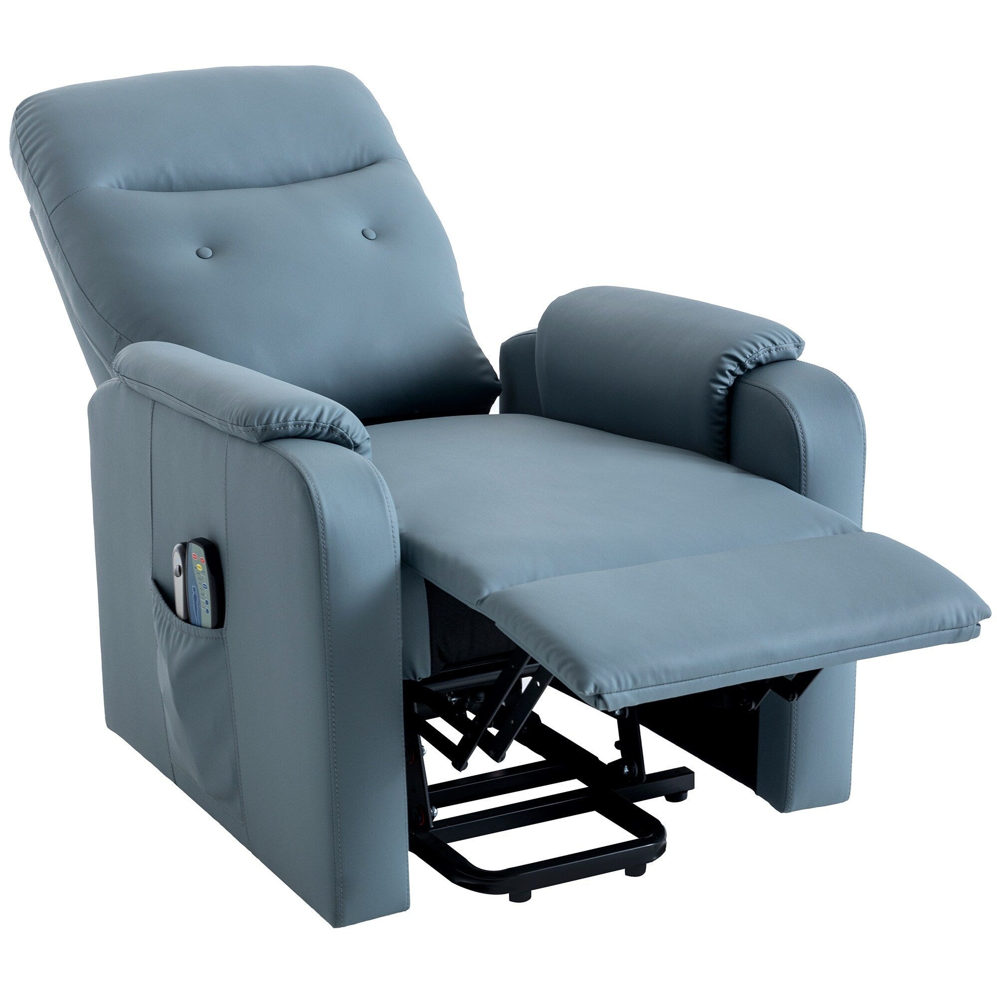 Fauteuil inclinable électrique bleu avec massage, chauffage, positions réglables et poche latérale pour plus de commodité