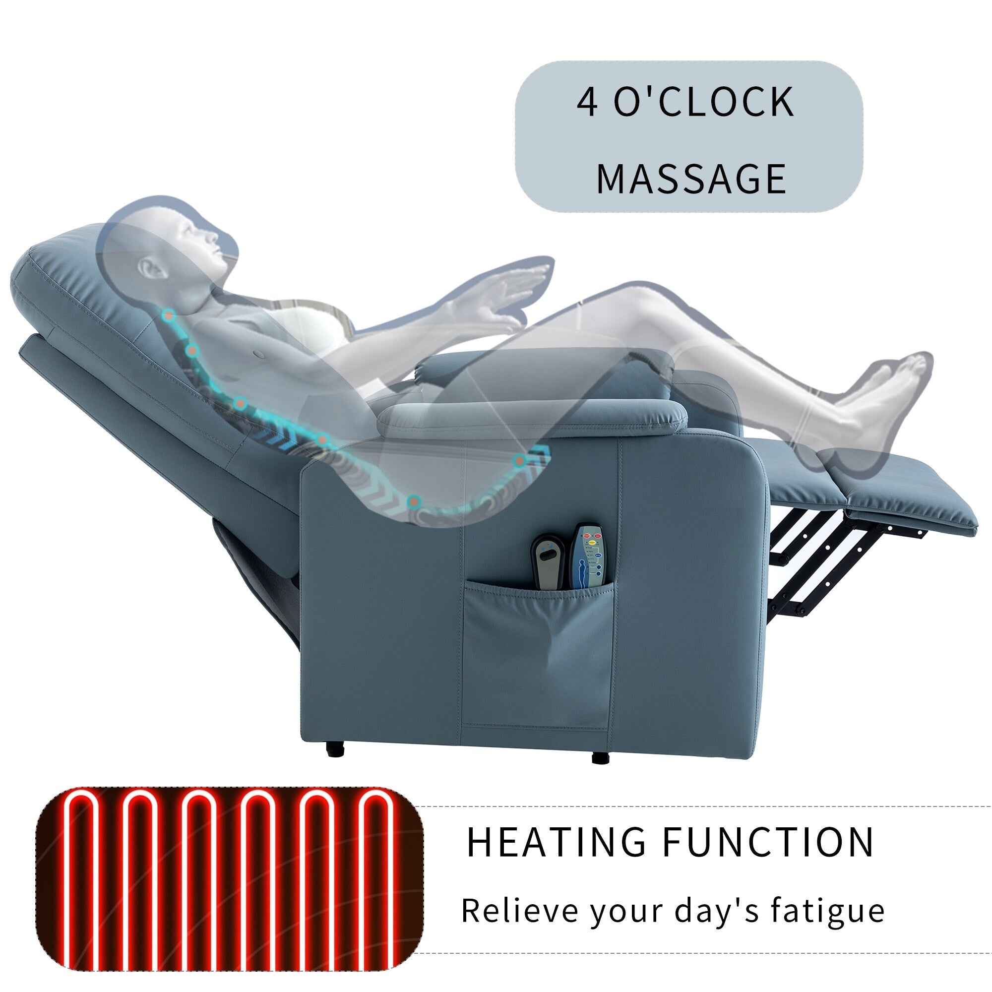 Fauteuil inclinable électrique bleu avec massage, chauffage, positions réglables et poche latérale pour plus de commodité