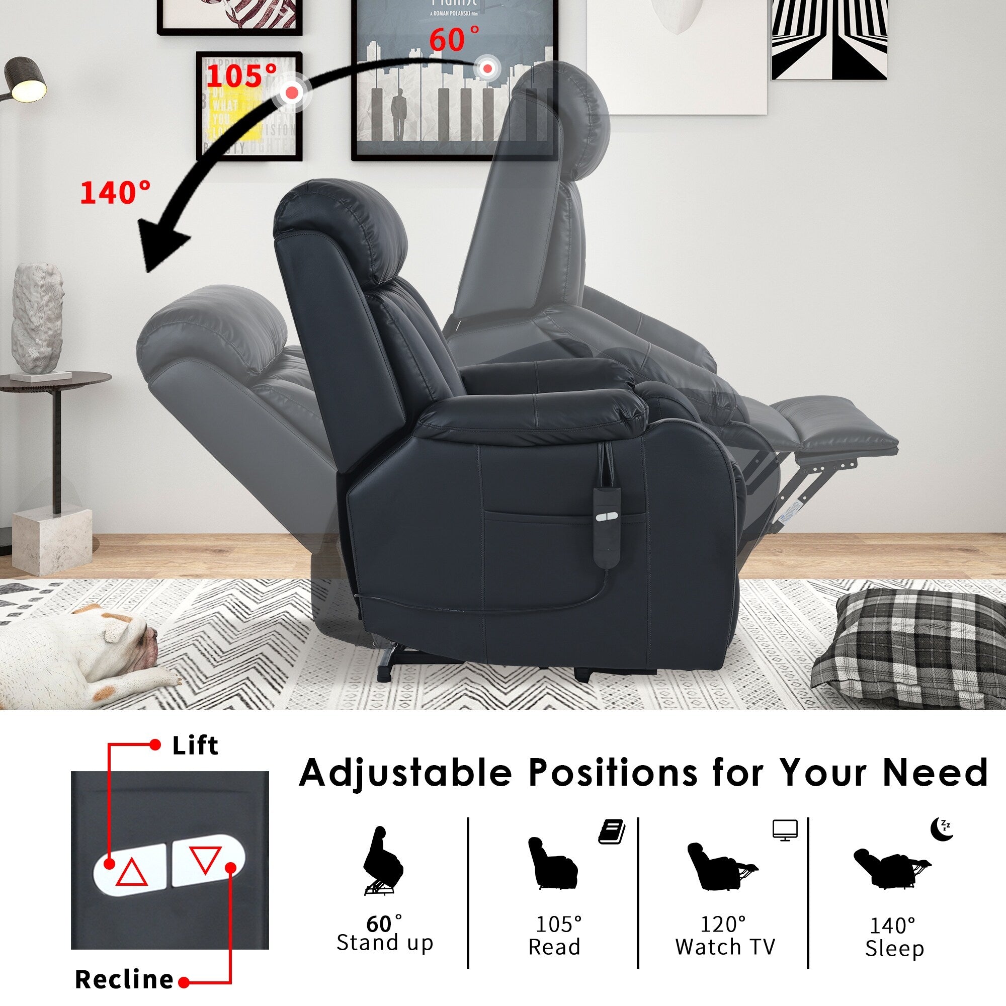 Fauteuil inclinable électrique bleu pour personnes âgées avec télécommande et poche latérale