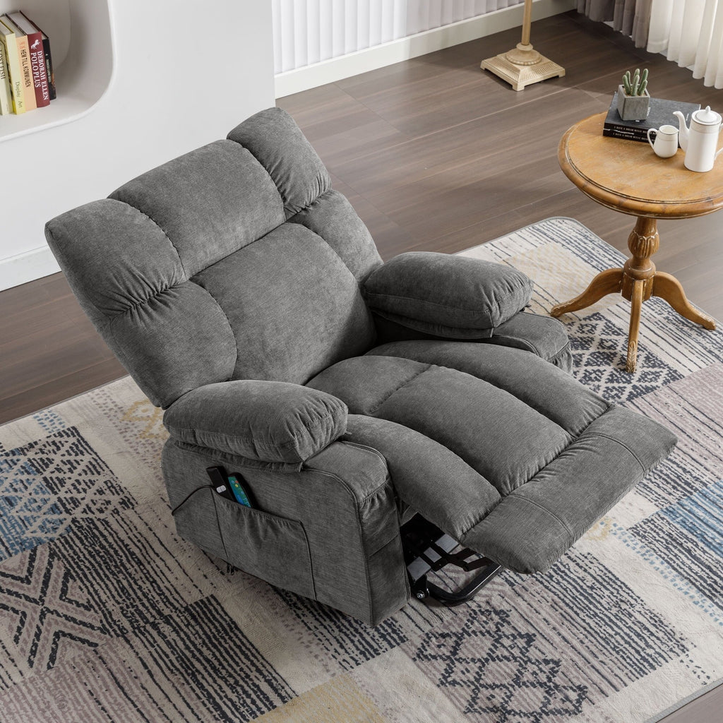 Fauteuil inclinable électrique bleu avec chauffage, massage, chargement USB, poches latérales et télécommande pour plus de commodité