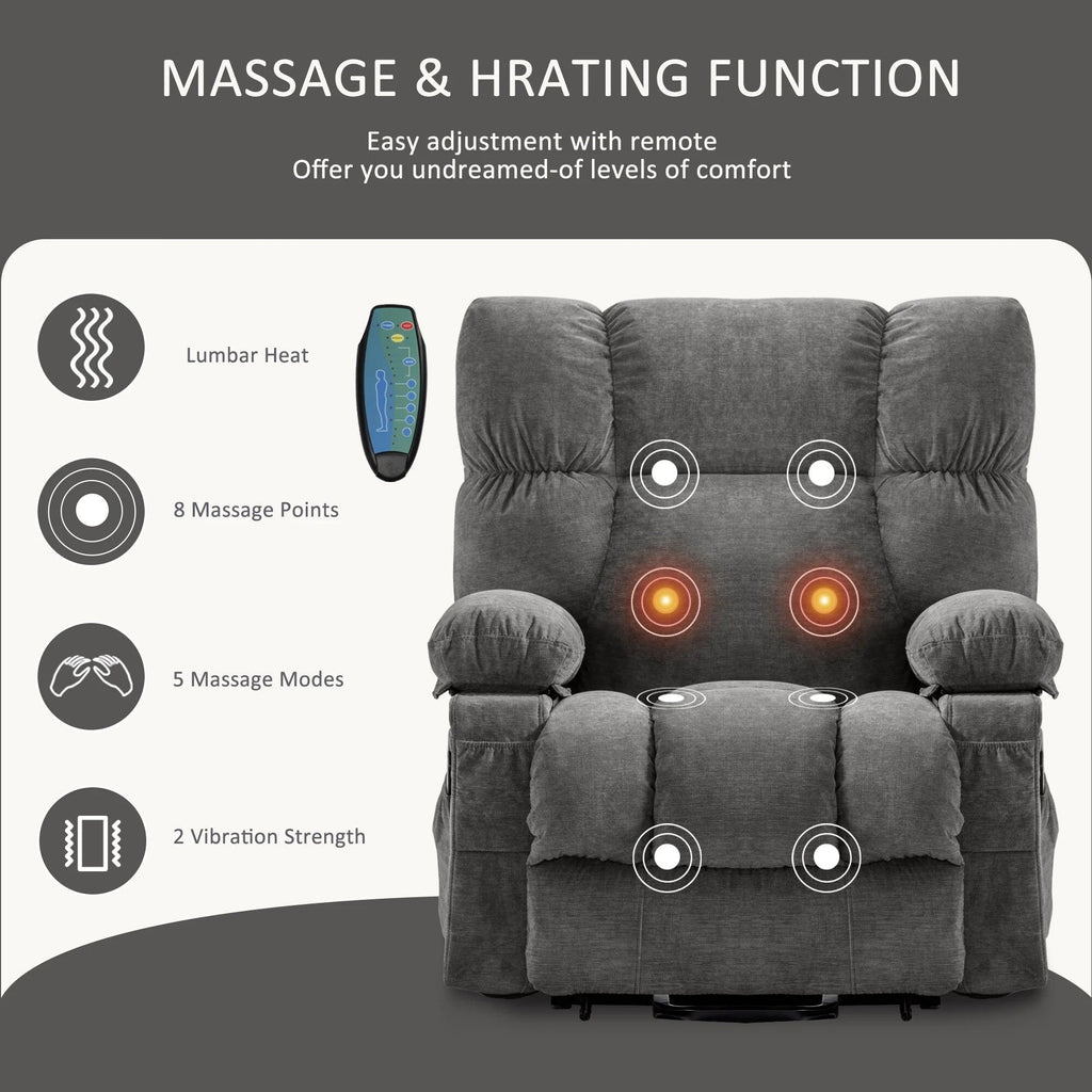 Fauteuil inclinable électrique bleu avec chauffage, massage, chargement USB, poches latérales et télécommande pour plus de commodité