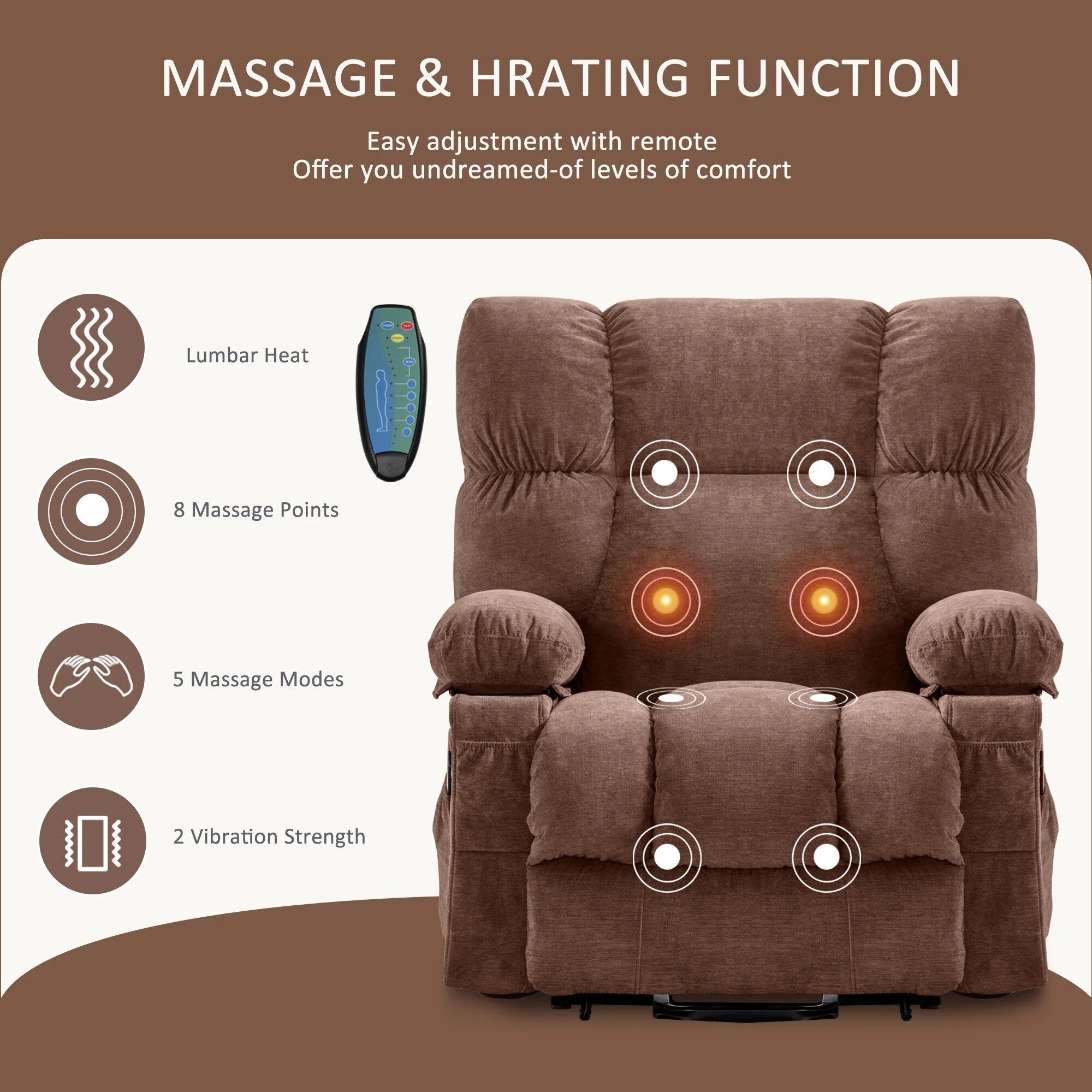 Fauteuil inclinable électrique bleu avec chauffage, massage, chargement USB, poches latérales et télécommande pour plus de commodité