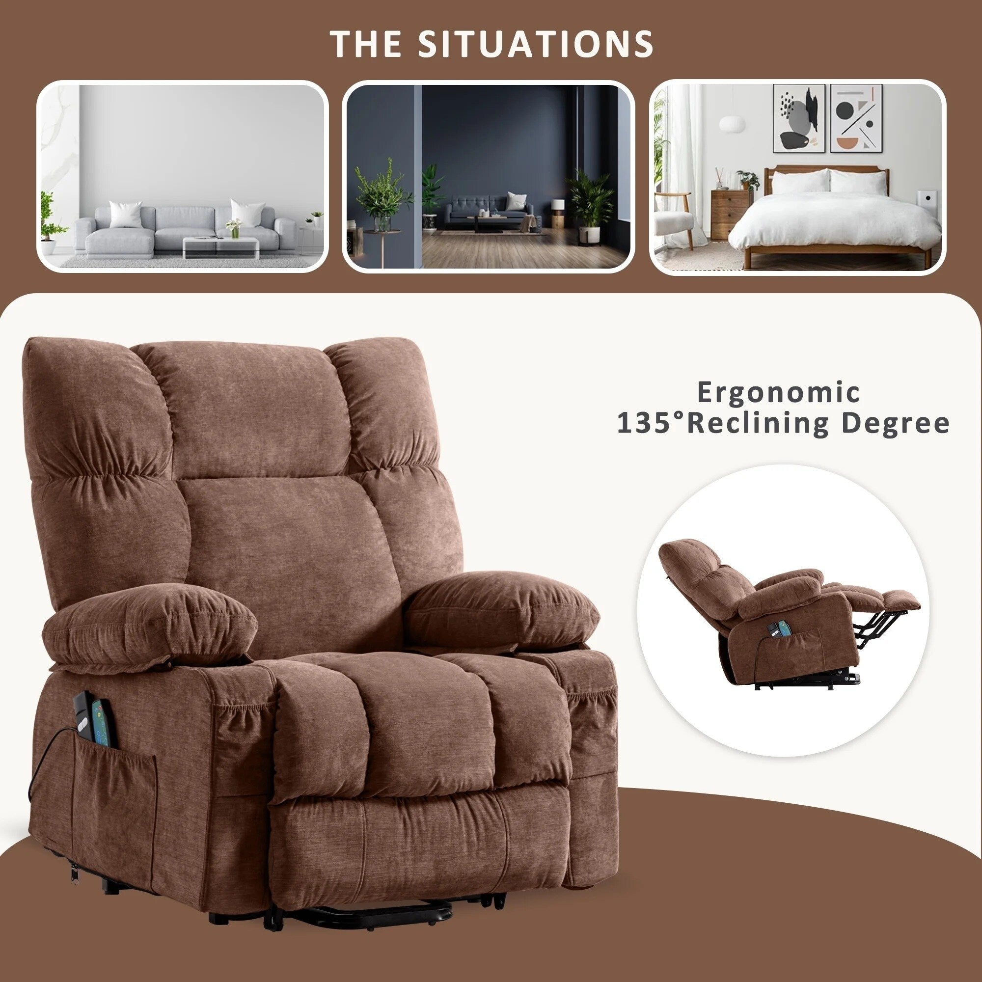 Fauteuil inclinable électrique bleu avec chauffage, massage, chargement USB, poches latérales et télécommande pour plus de commodité