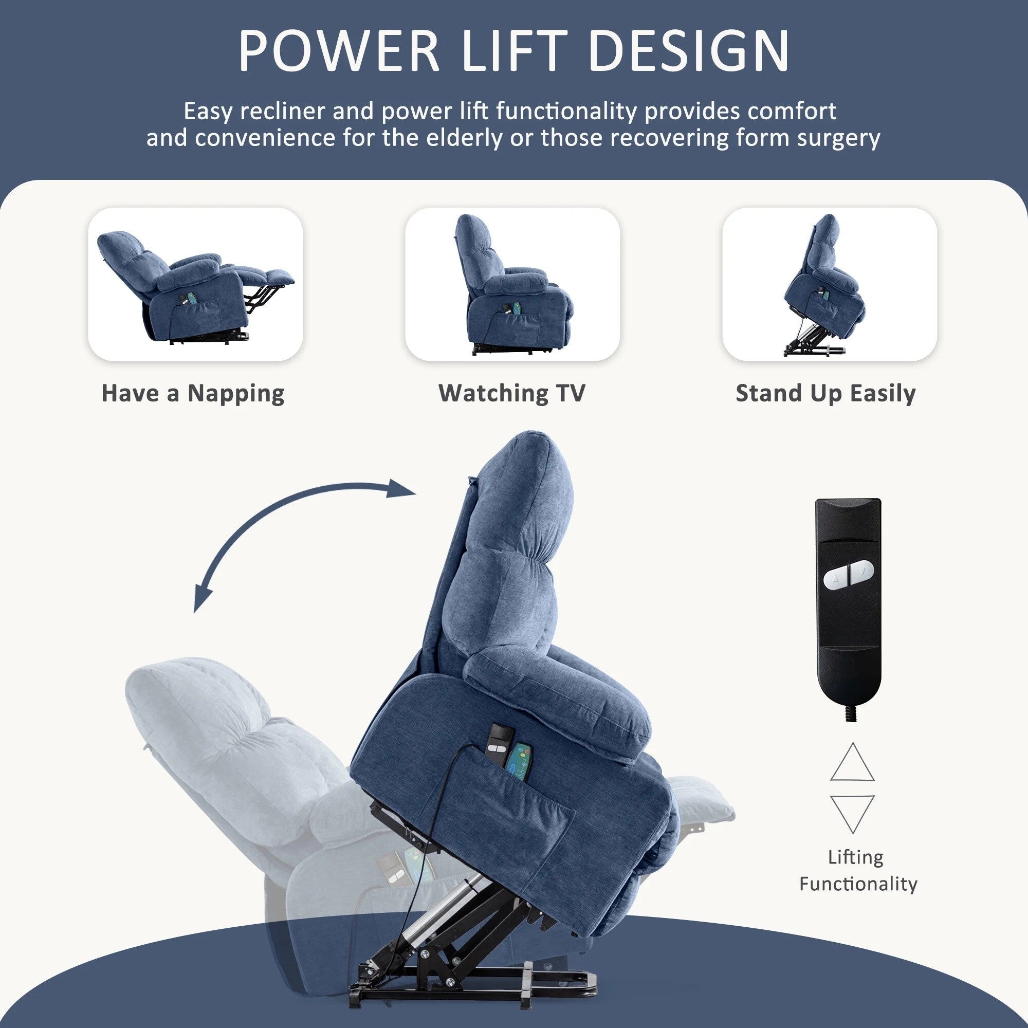 Fauteuil inclinable électrique bleu avec chauffage, massage, chargement USB, poches latérales et télécommande pour plus de commodité