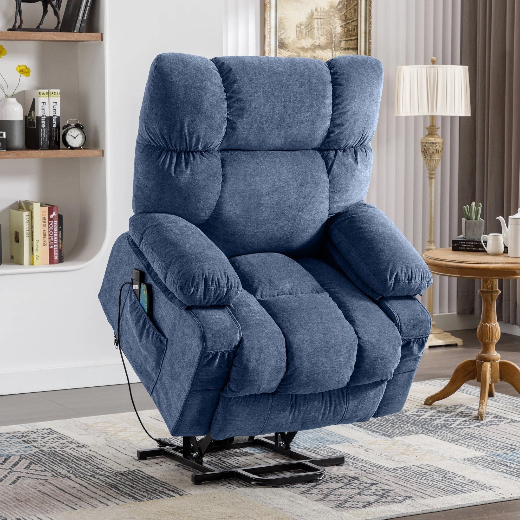 Fauteuil inclinable électrique bleu avec chauffage, massage, chargement USB, poches latérales et télécommande pour plus de commodité
