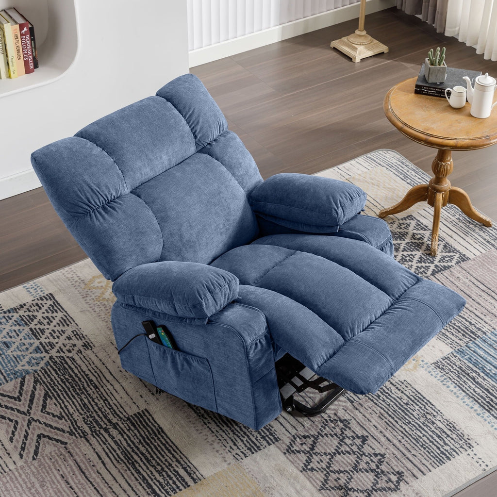 Fauteuil inclinable électrique bleu avec chauffage, massage, chargement USB, poches latérales et télécommande pour plus de commodité
