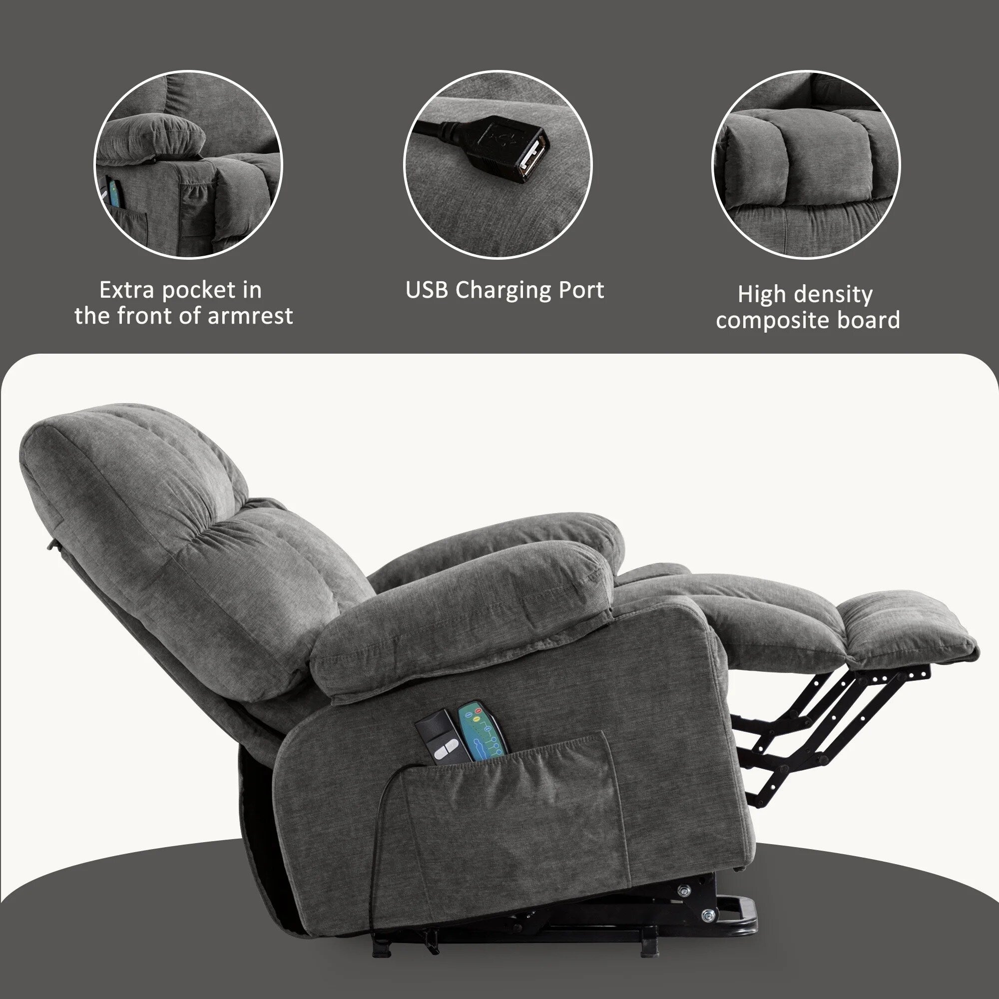 Fauteuil inclinable électrique bleu avec chauffage, massage, chargement USB, poches latérales et télécommande pour plus de commodité