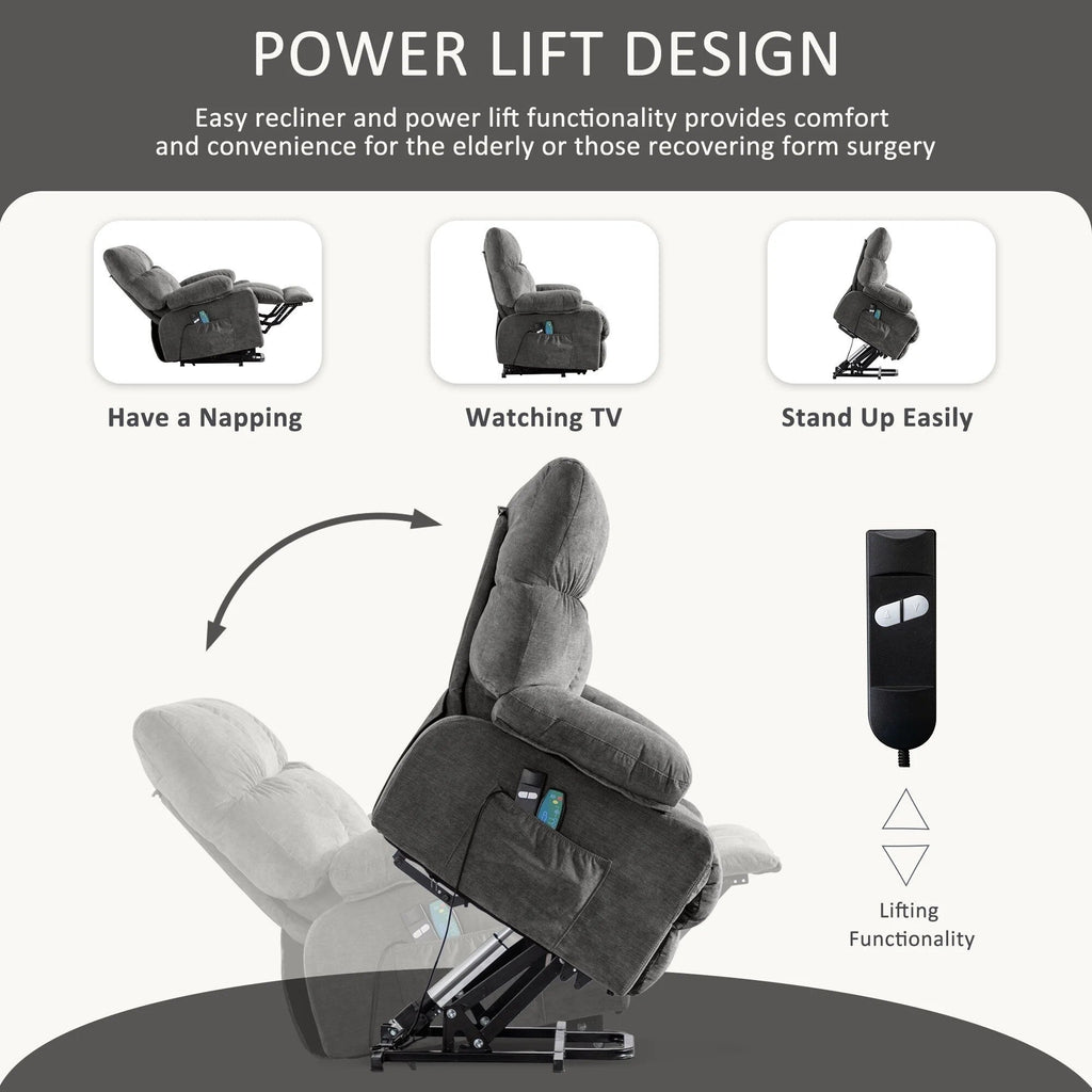 Fauteuil inclinable électrique bleu avec chauffage, massage, chargement USB, poches latérales et télécommande pour plus de commodité