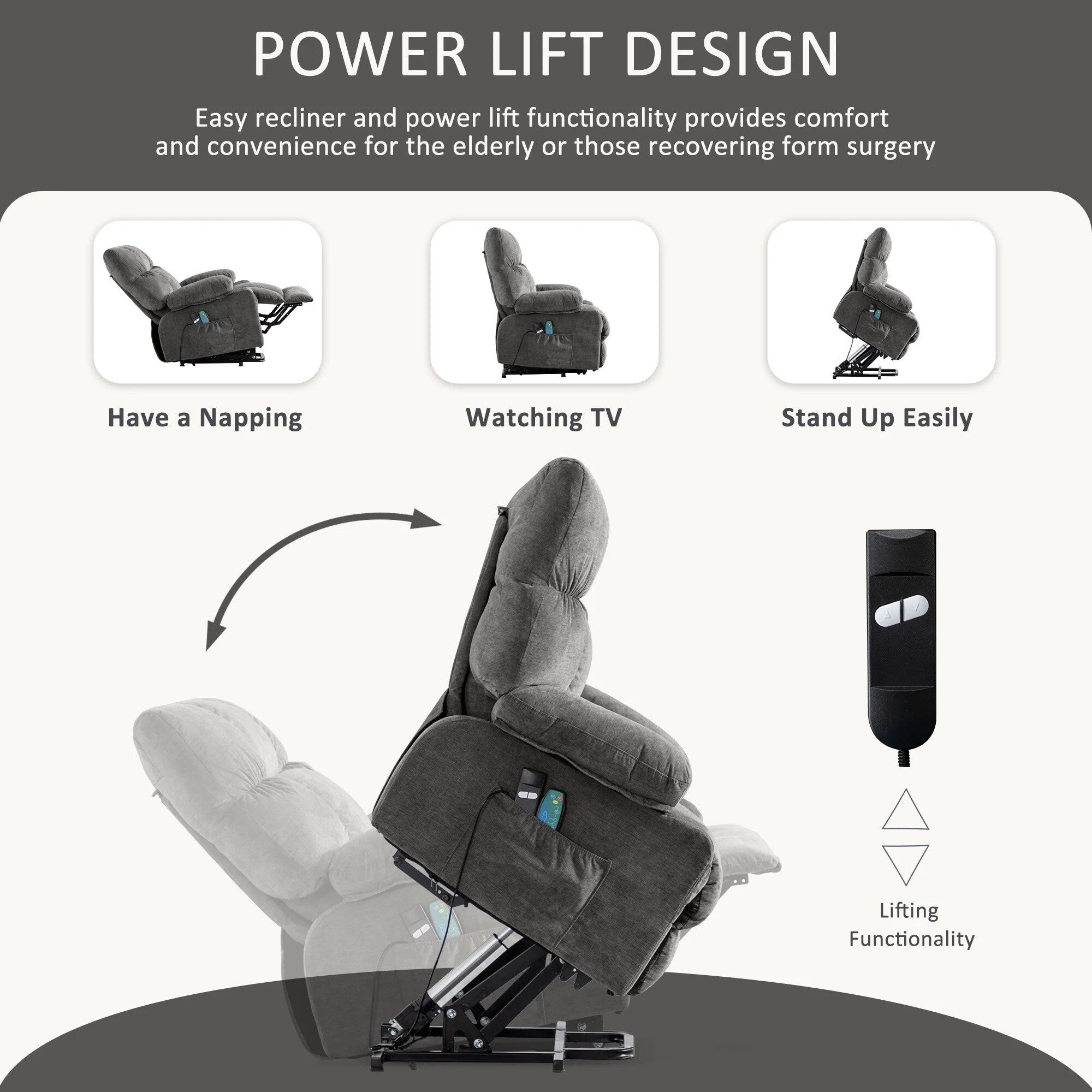 Fauteuil inclinable électrique bleu avec chauffage, massage, chargement USB, poches latérales et télécommande pour plus de commodité