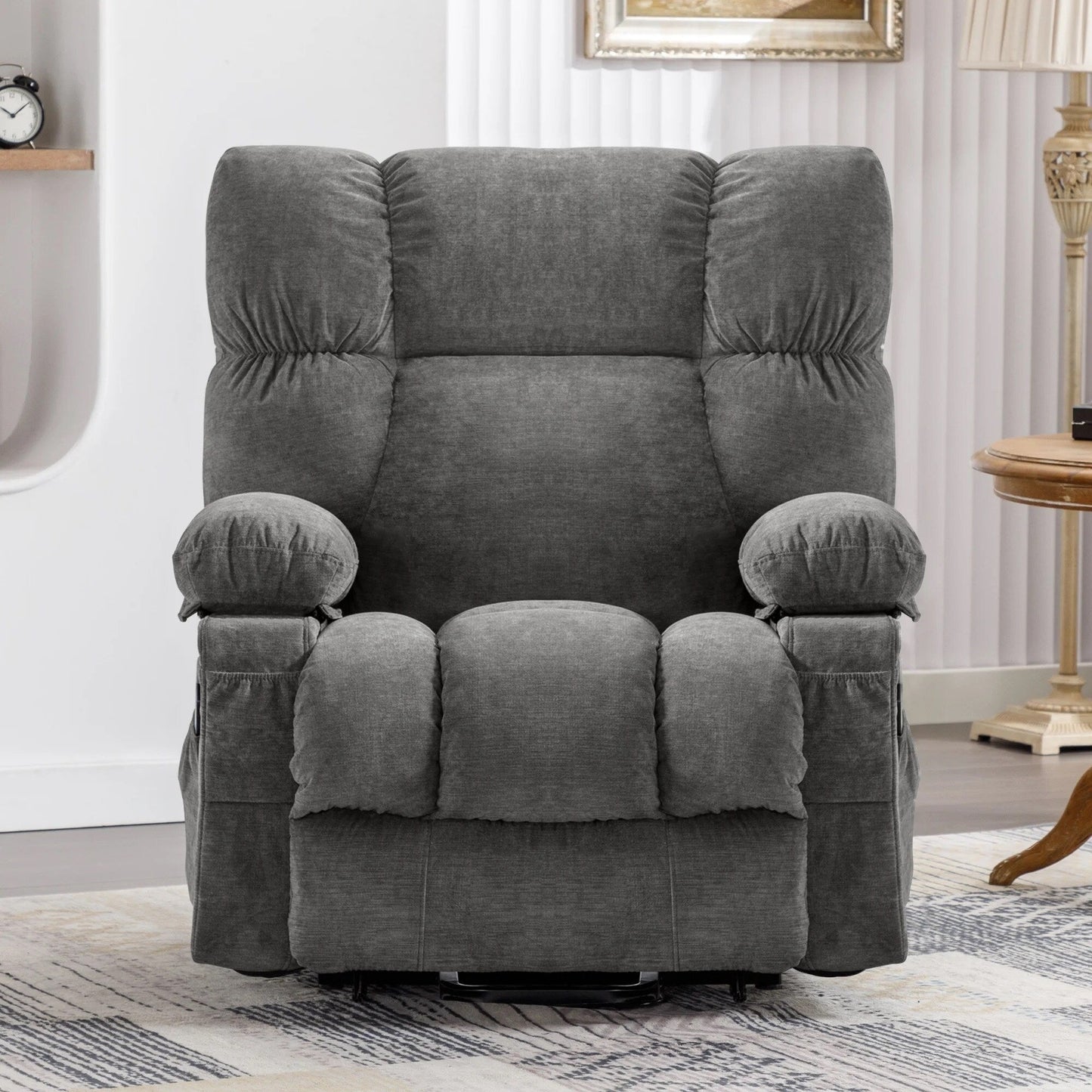 Fauteuil inclinable électrique bleu avec chauffage, massage, chargement USB, poches latérales et télécommande pour plus de commodité
