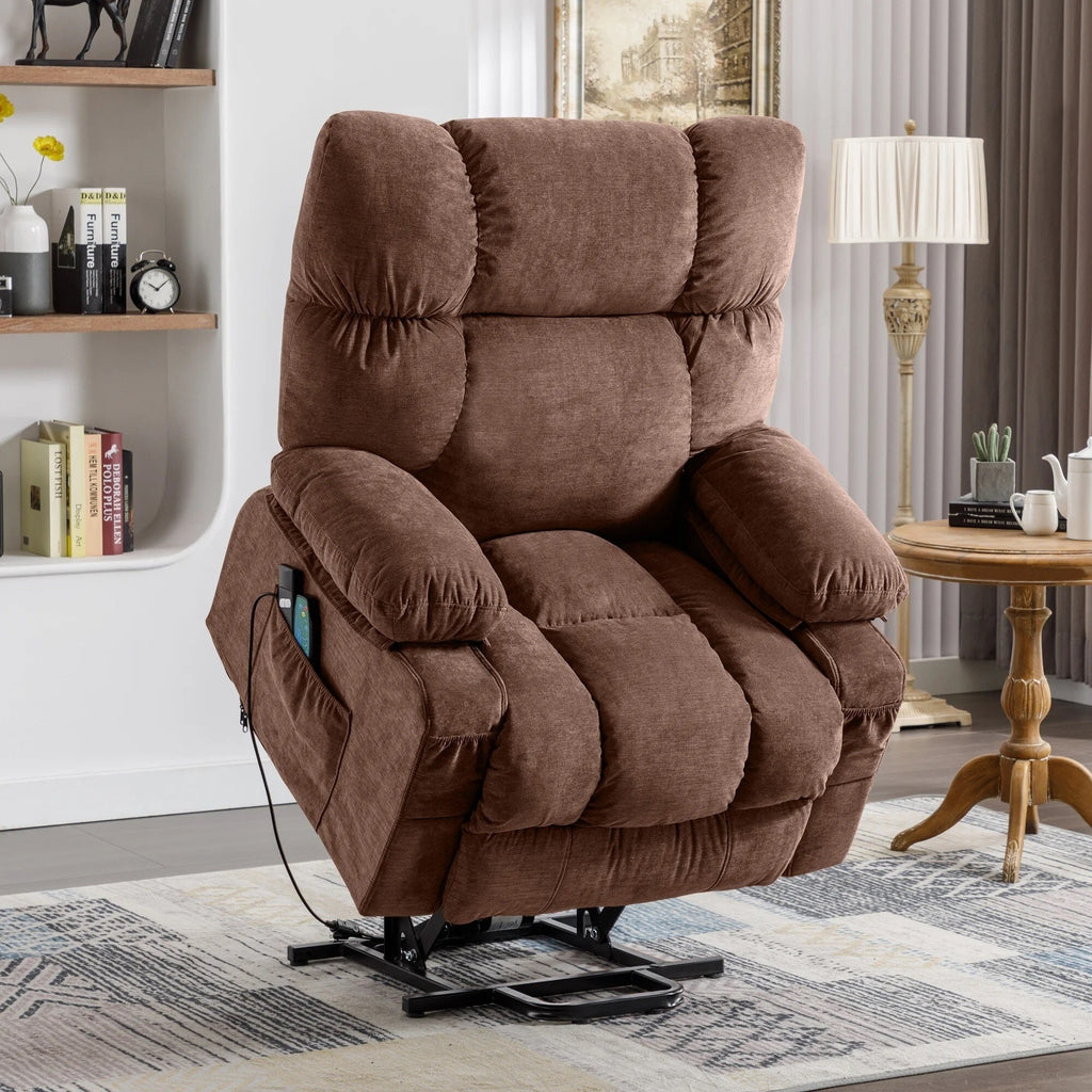 Fauteuil inclinable électrique bleu avec chauffage, massage, chargement USB, poches latérales et télécommande pour plus de commodité