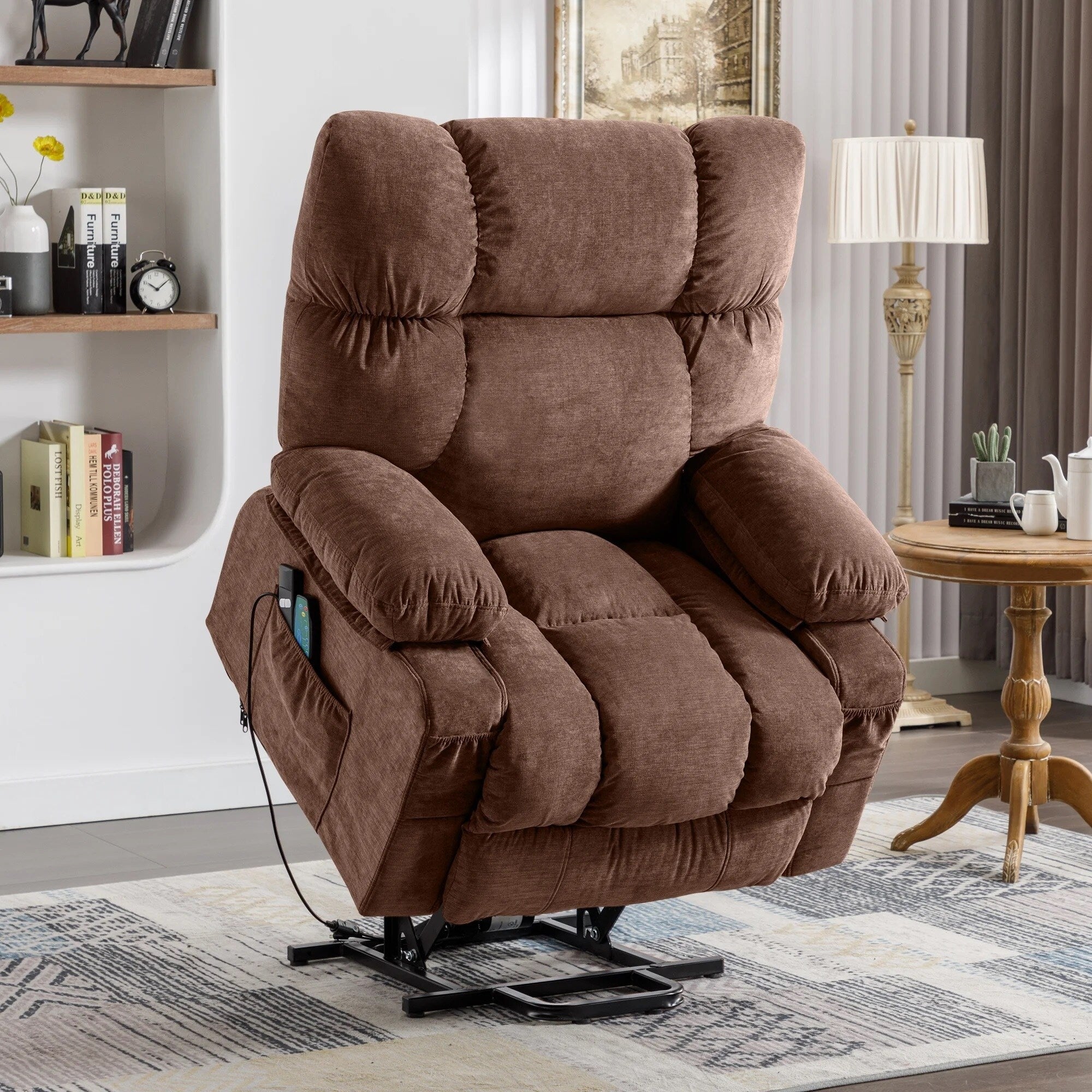 Fauteuil inclinable électrique bleu avec chauffage, massage, chargement USB, poches latérales et télécommande pour plus de commodité