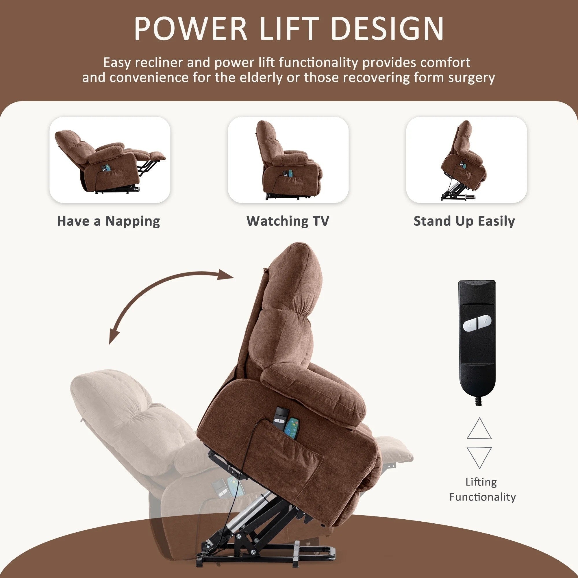 Fauteuil inclinable électrique bleu avec chauffage, massage, chargement USB, poches latérales et télécommande pour plus de commodité