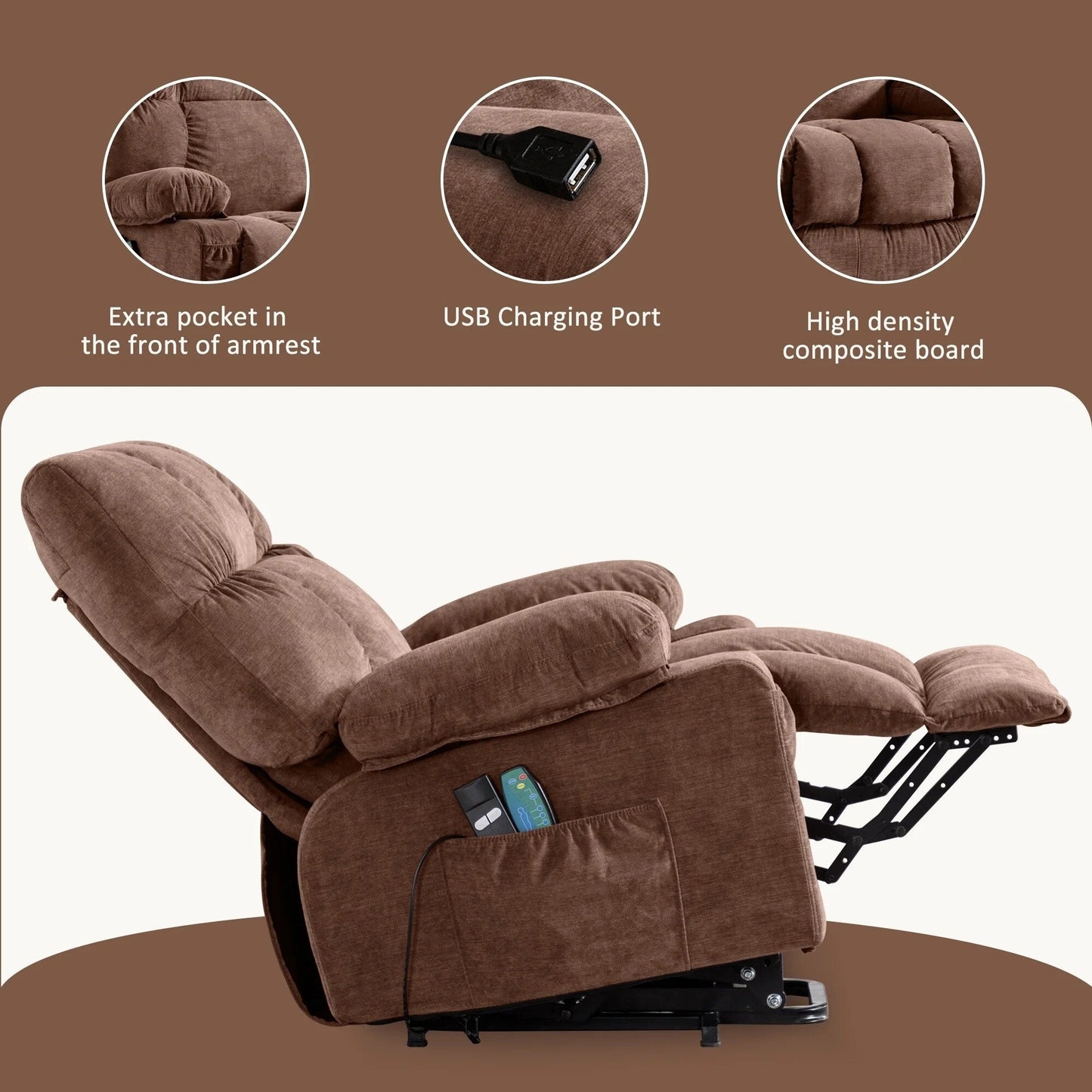 Fauteuil inclinable électrique bleu avec chauffage, massage, chargement USB, poches latérales et télécommande pour plus de commodité