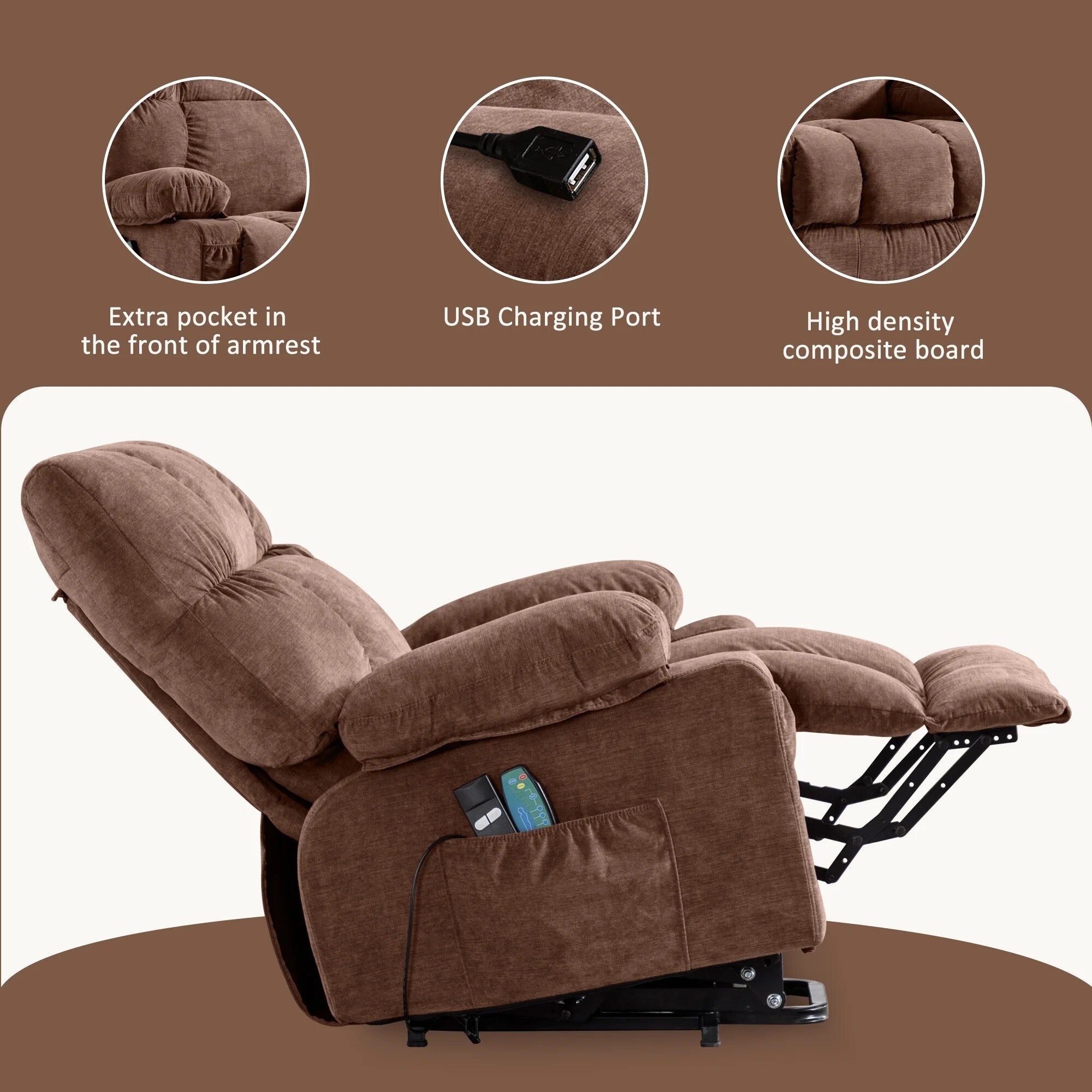 Fauteuil inclinable électrique bleu avec chauffage, massage, chargement USB, poches latérales et télécommande pour plus de commodité