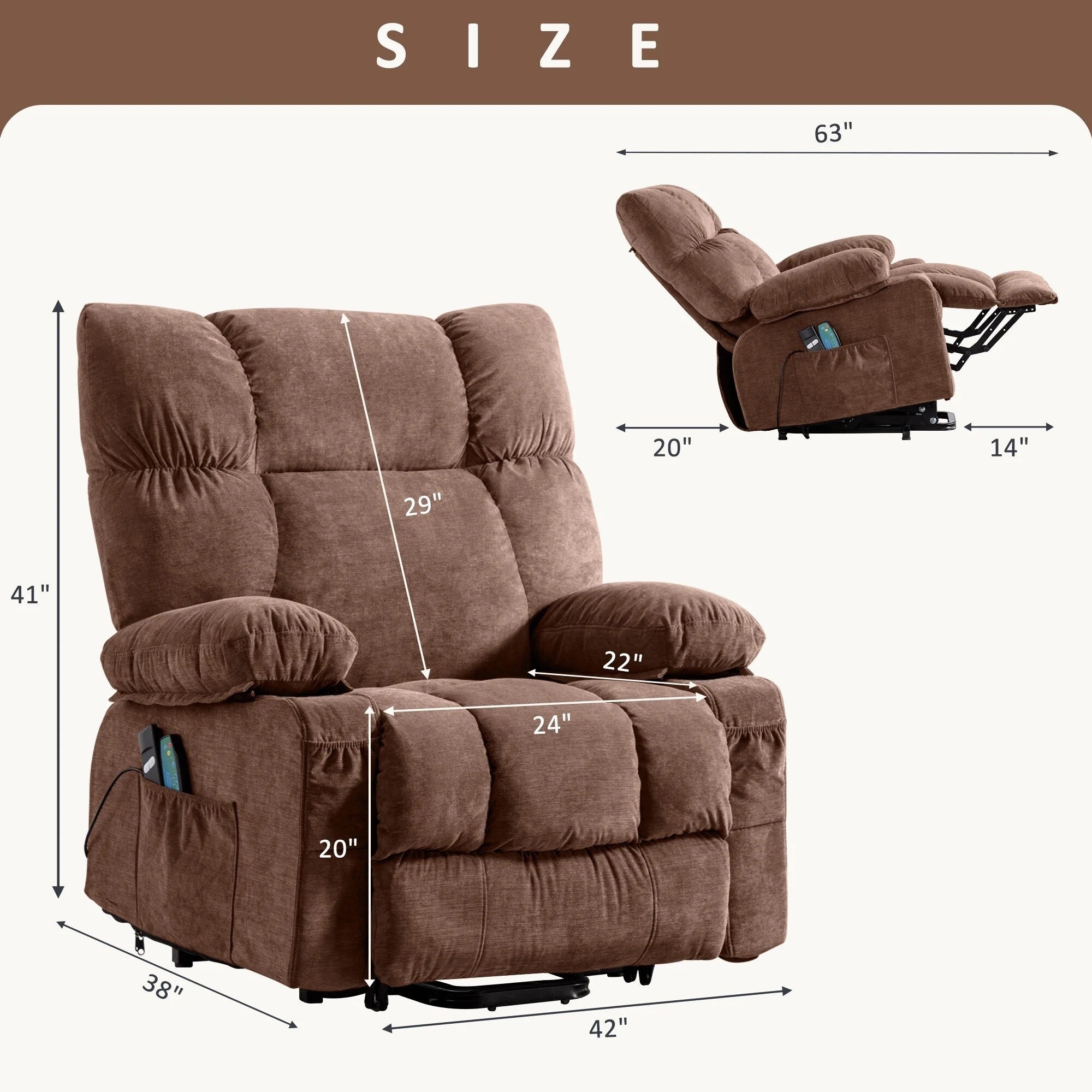 Fauteuil inclinable électrique bleu avec chauffage, massage, chargement USB, poches latérales et télécommande pour plus de commodité
