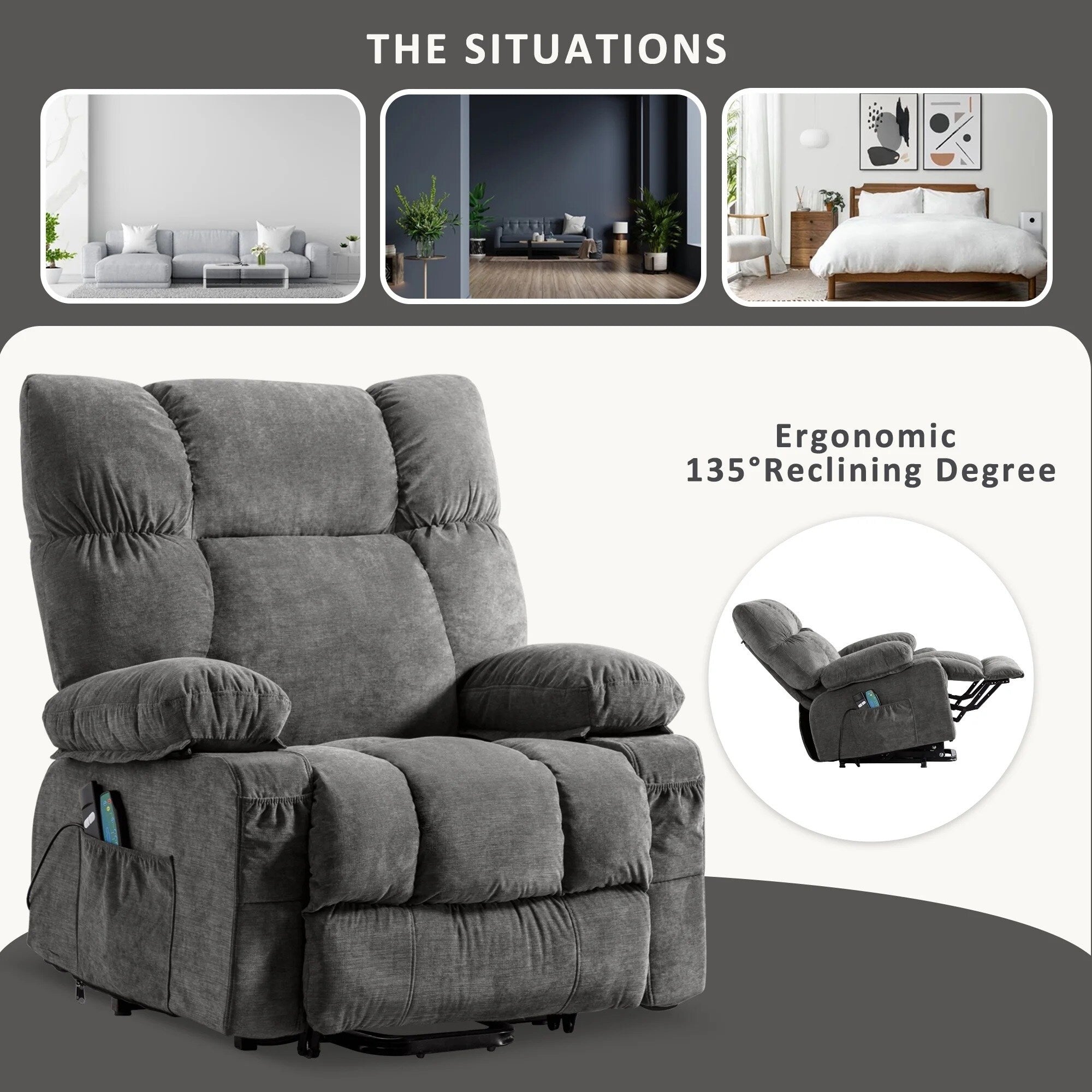 Fauteuil inclinable électrique bleu avec chauffage, massage, chargement USB, poches latérales et télécommande pour plus de commodité