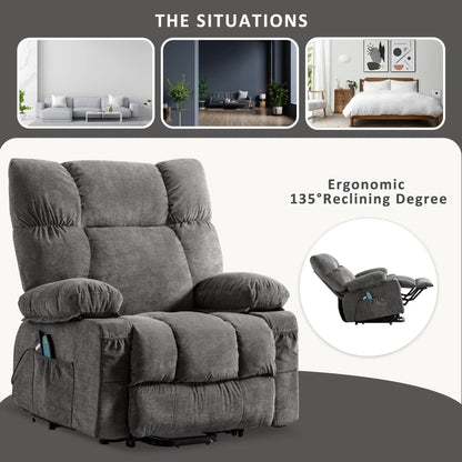 Fauteuil inclinable électrique bleu avec chauffage, massage, chargement USB, poches latérales et télécommande pour plus de commodité