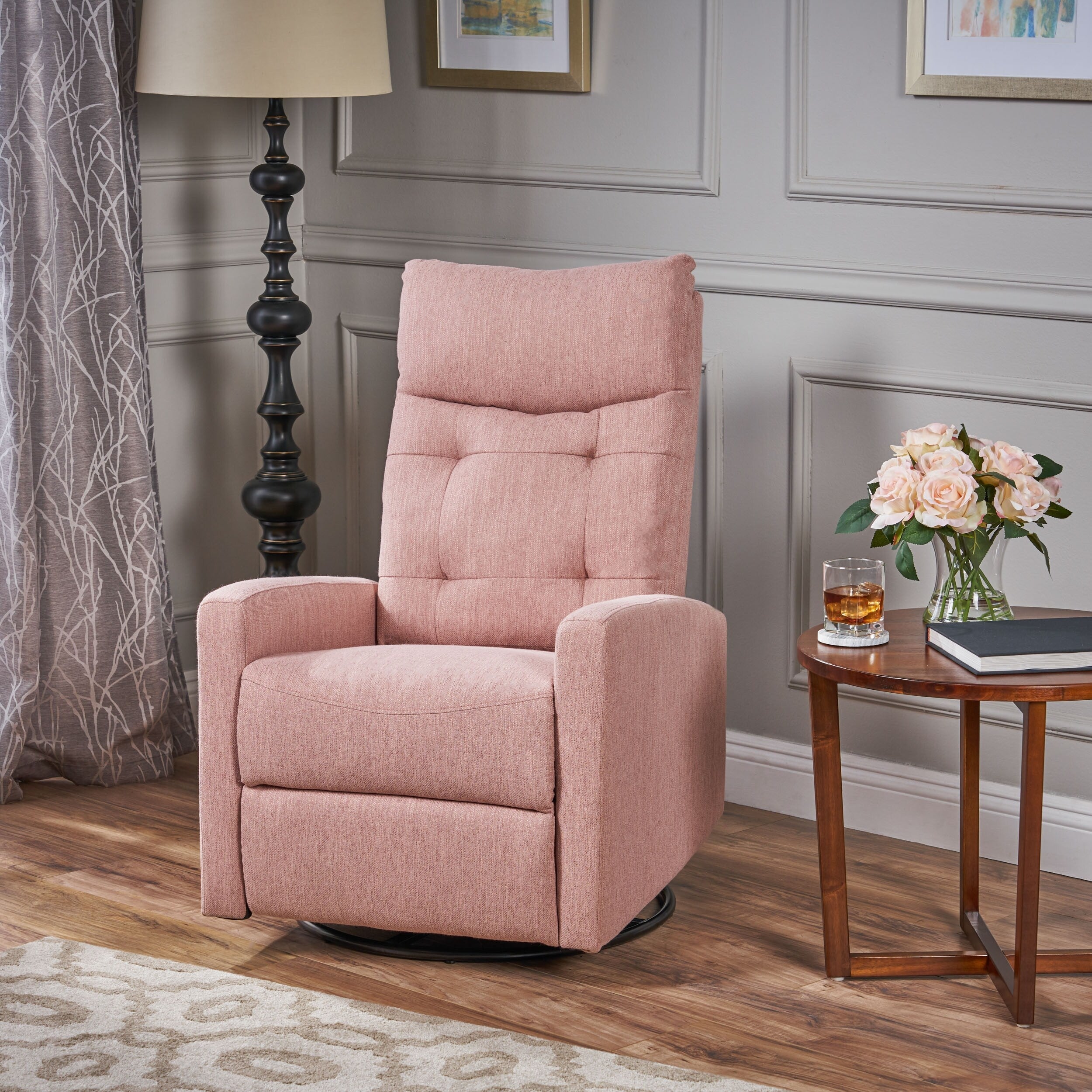 Fauteuil inclinable pivotant rembourré en tissu moderne Blush avec repose-pieds et dossier capitonné