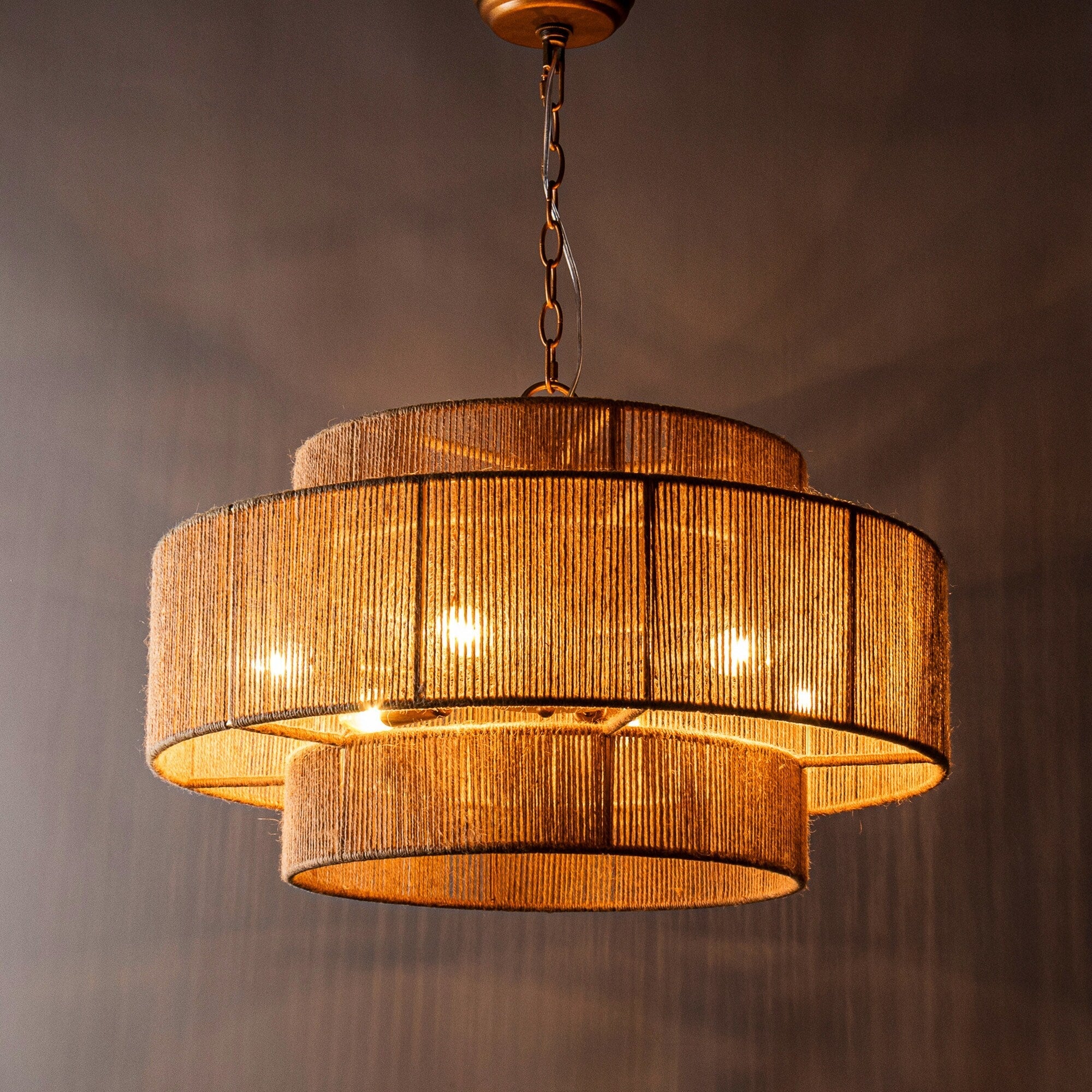 Lustre tambour à plusieurs niveaux en corde de chanvre marron bohème - 23,62 L x 15,16 H