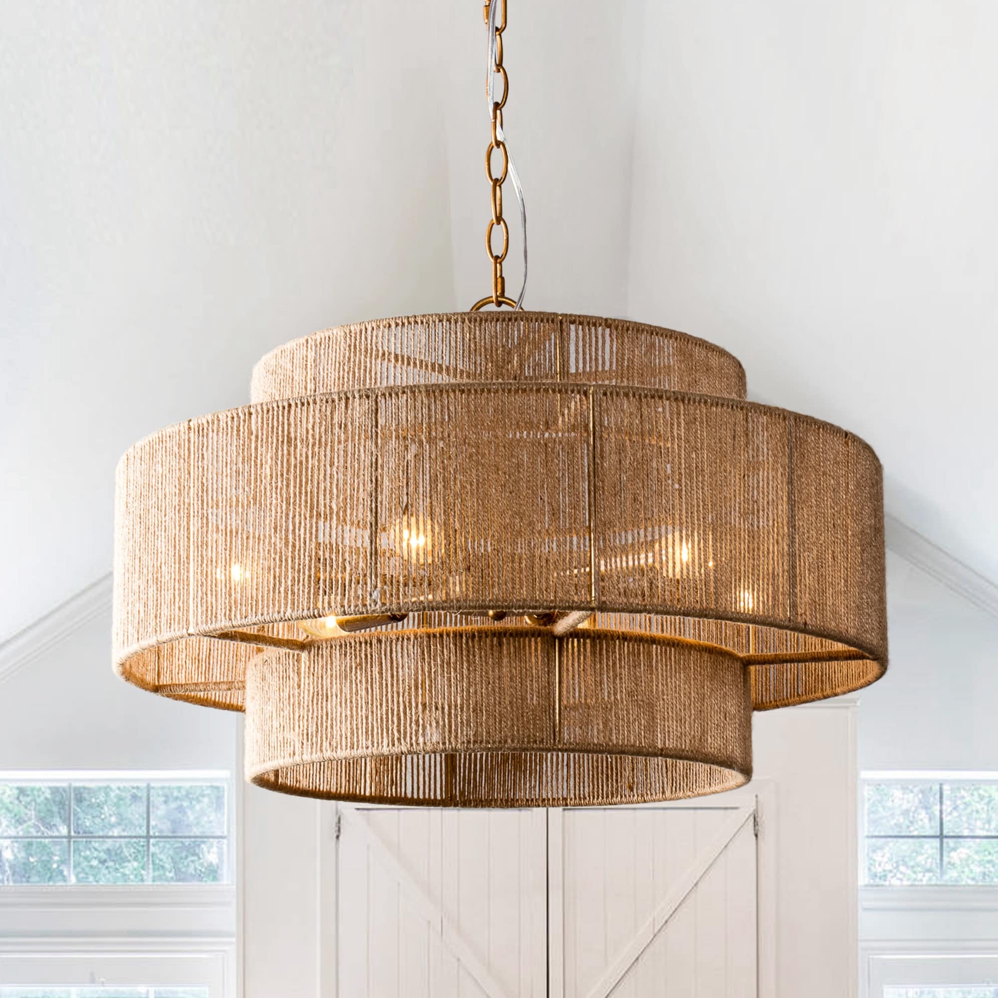 Lustre tambour à plusieurs niveaux en corde de chanvre marron bohème - 23,62 L x 15,16 H