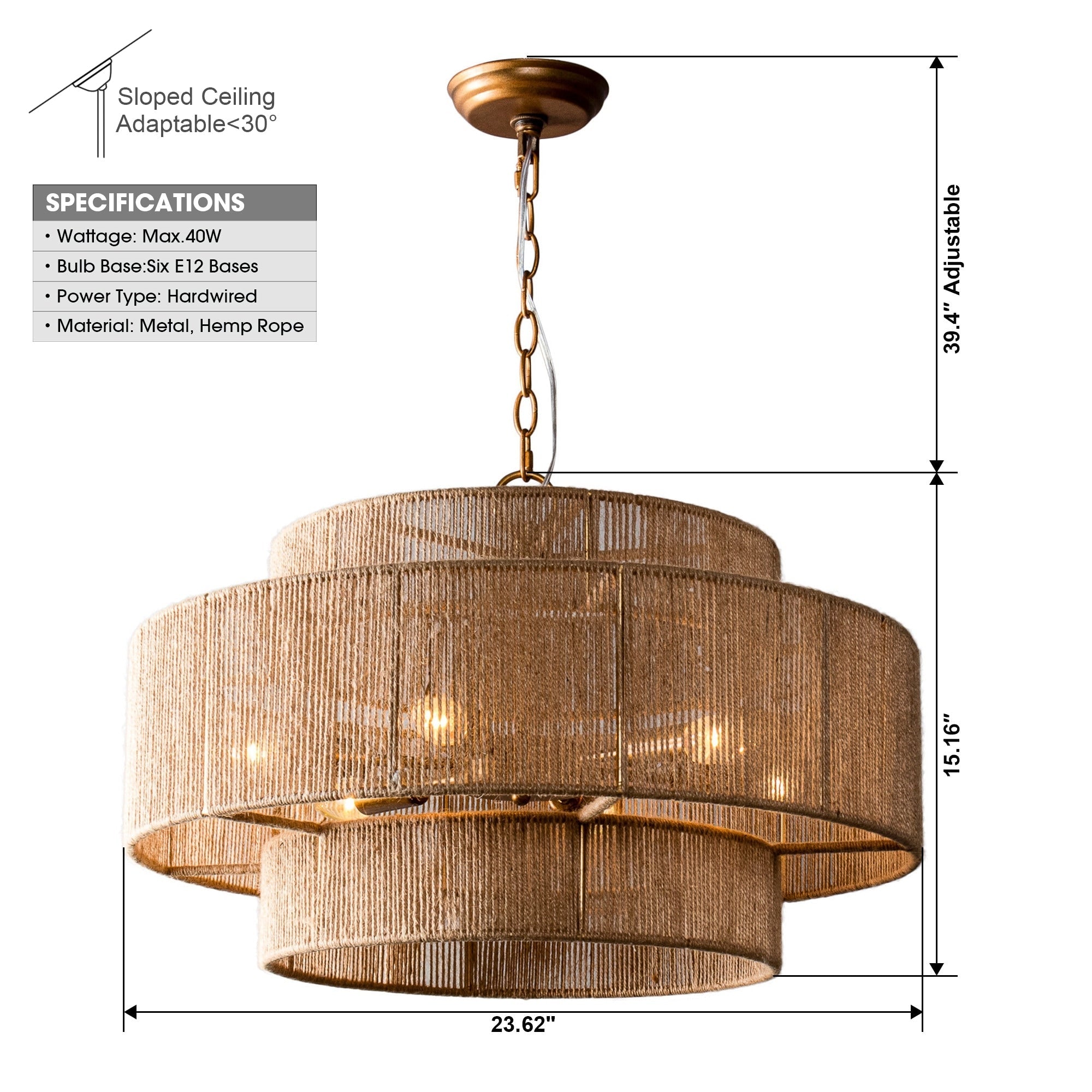 Lustre tambour à plusieurs niveaux en corde de chanvre marron bohème - 23,62 L x 15,16 H