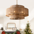 Lustre tambour à plusieurs niveaux en corde de chanvre marron bohème - 23,62 L x 15,16 H