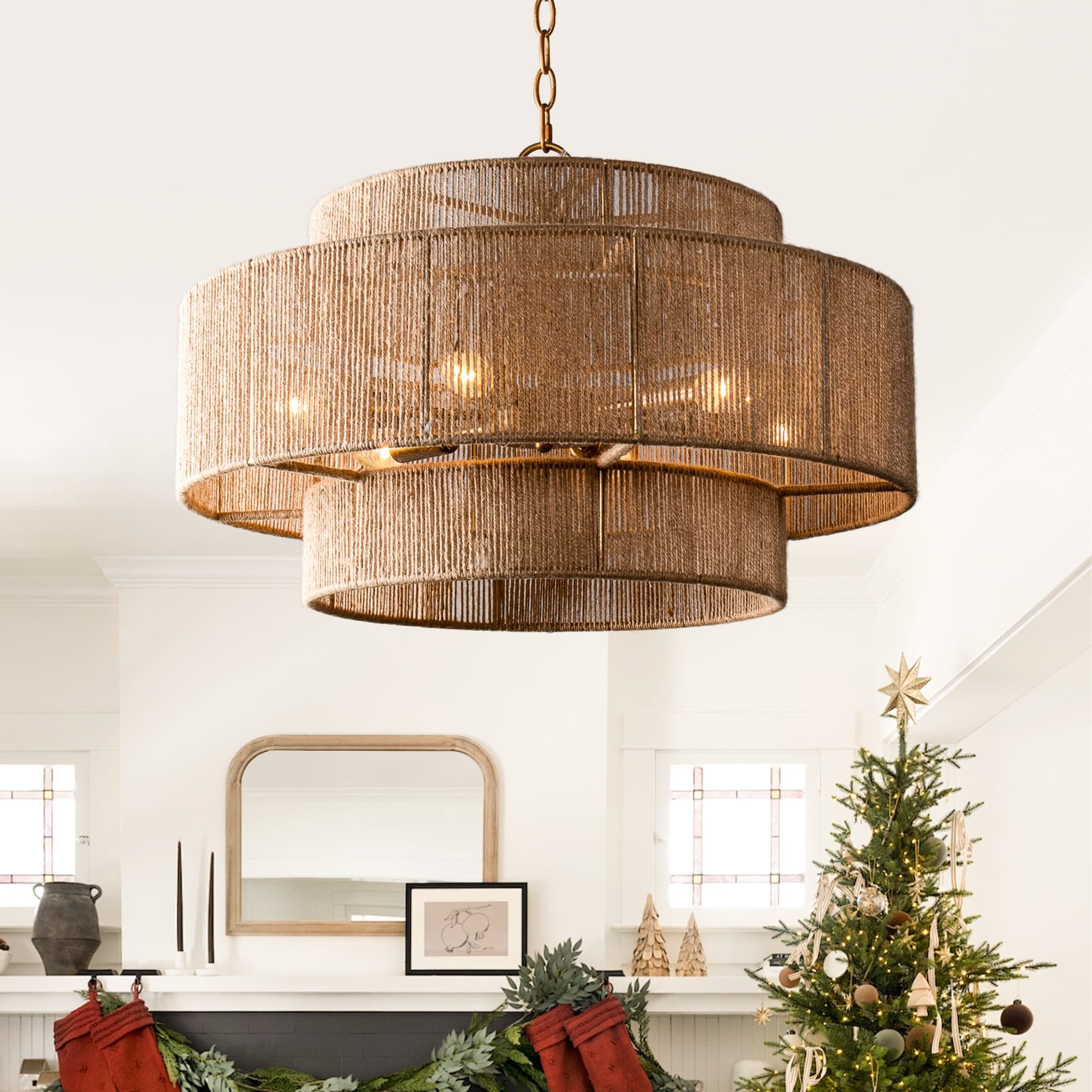 Lustre tambour à plusieurs niveaux en corde de chanvre marron bohème - 23,62 L x 15,16 H