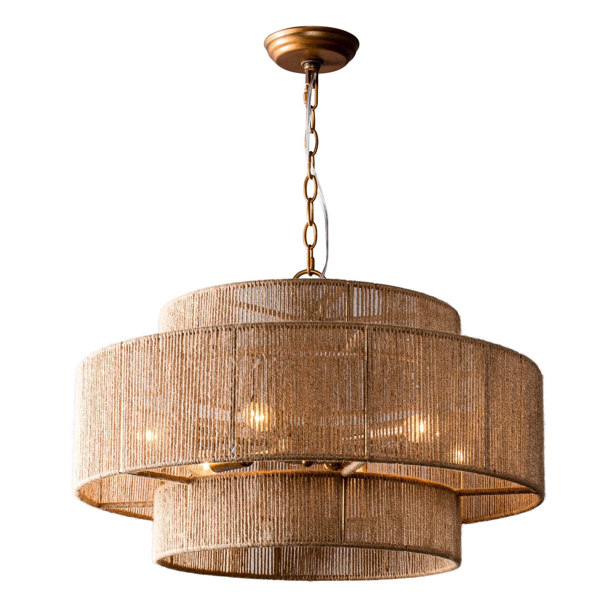 Lustre tambour à plusieurs niveaux en corde de chanvre marron bohème - 23,62 L x 15,16 H