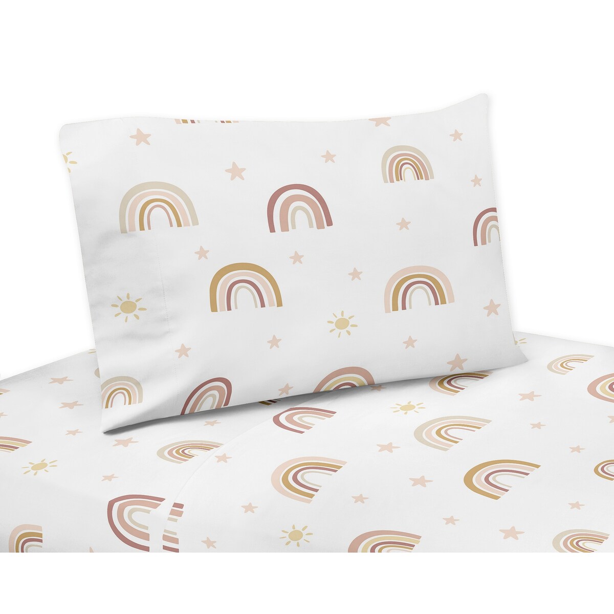 Parure de draps 3 pièces Boho Rainbow pour lit double : rose poudré, rose poudré, or, jaune, mauve, taupe, beige, beige, bohème, étoiles, soleil, céleste, vintage
