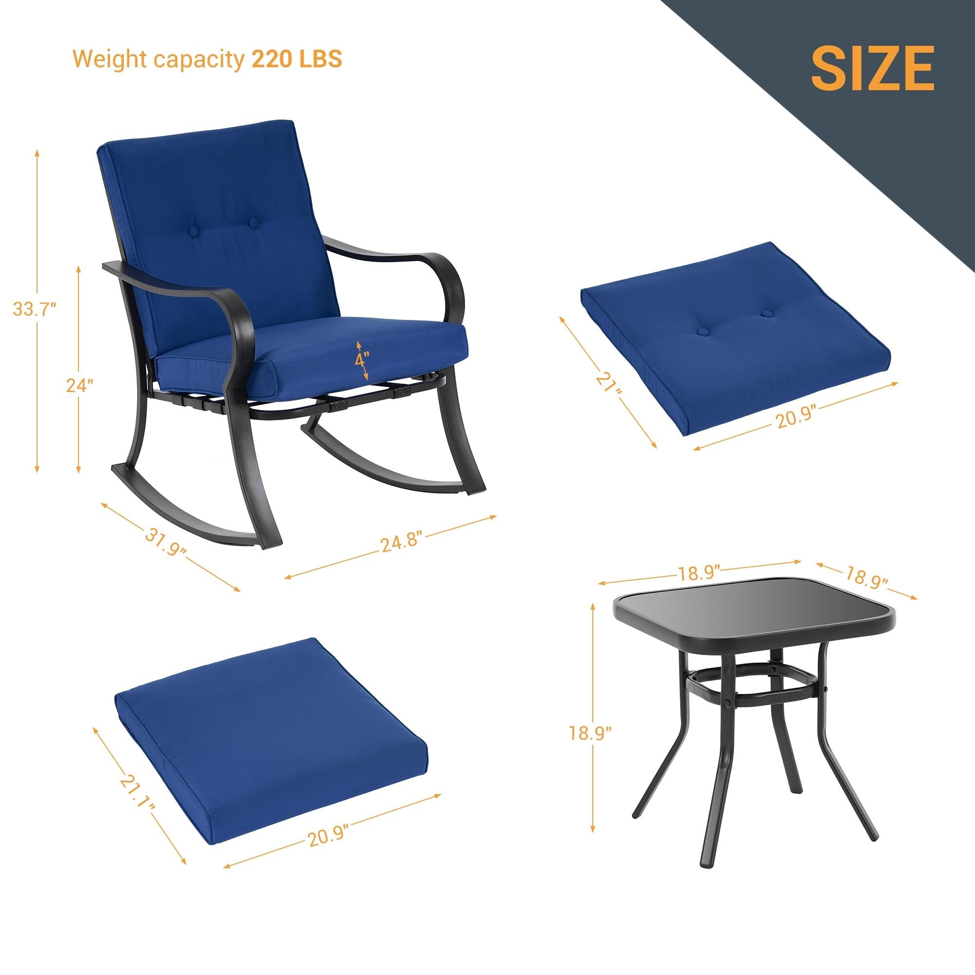Ensemble bistrot d'extérieur Bonosuki 3 pièces avec chaises à bascule et table d'appoint