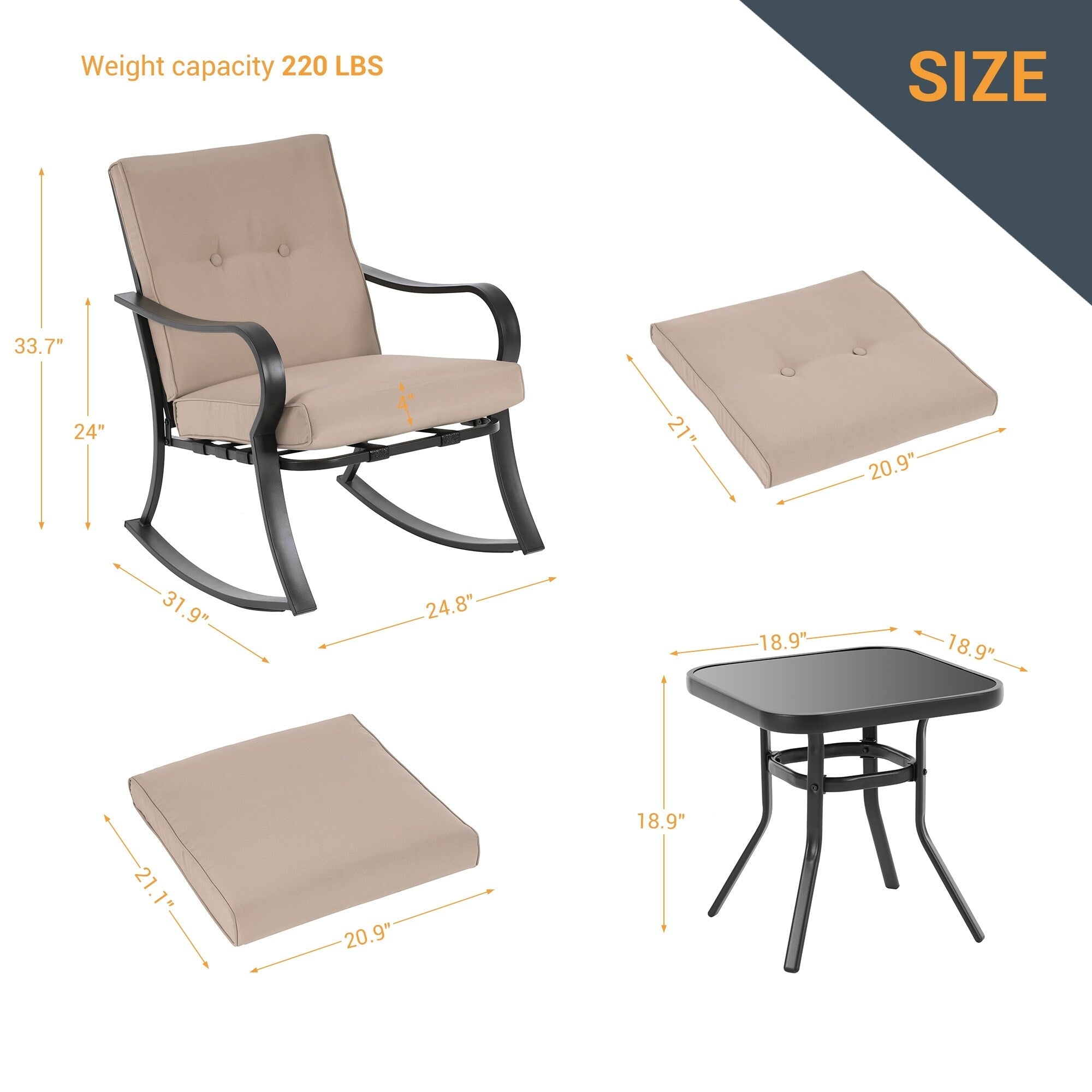 Ensemble bistrot d'extérieur Bonosuki 3 pièces avec chaises à bascule et table d'appoint