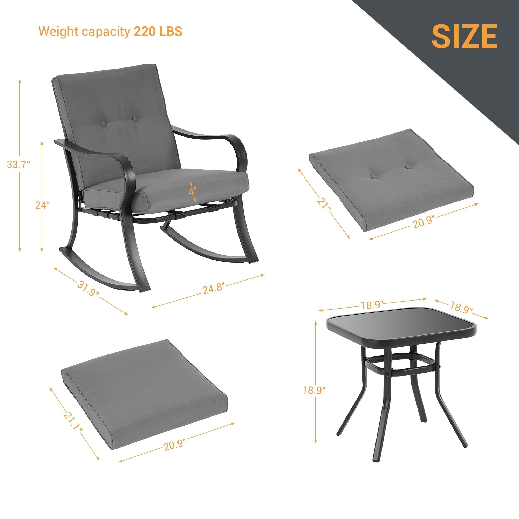 Ensemble bistrot d'extérieur Bonosuki 3 pièces avec chaises à bascule et table d'appoint