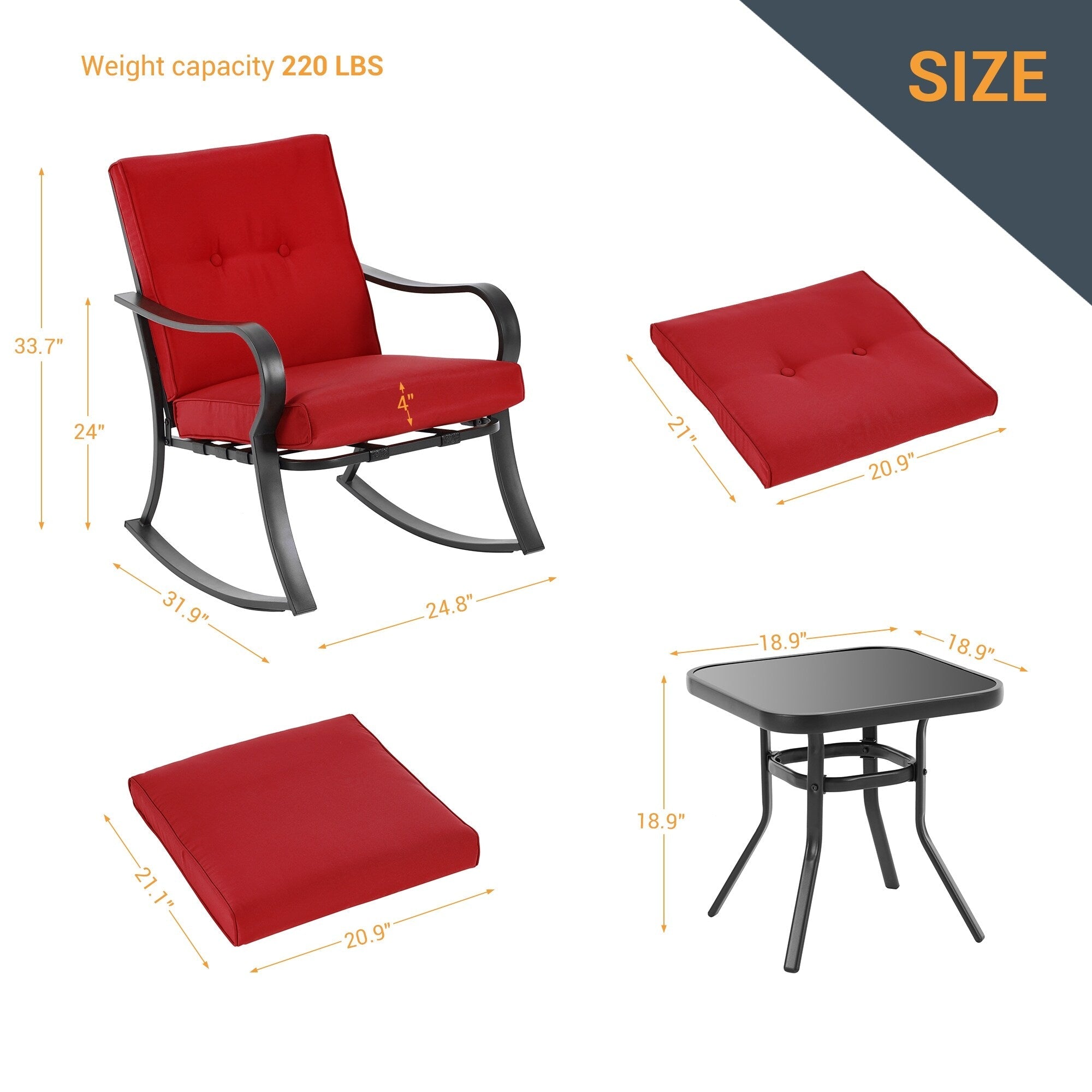 Ensemble bistrot d'extérieur Bonosuki 3 pièces avec chaises à bascule et table d'appoint