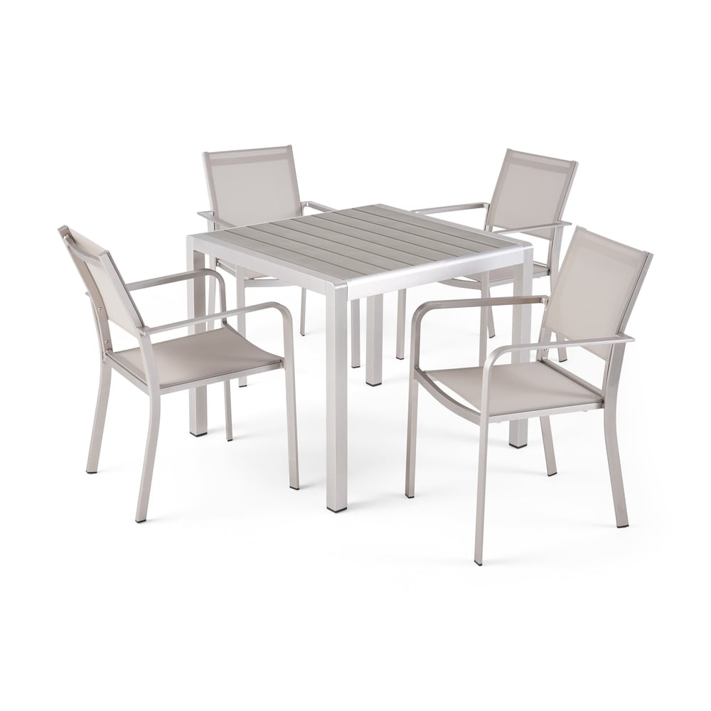 Ensemble de salle à manger d'extérieur moderne Boris 4 places en aluminium avec plateau en imitation bois par Christopher Knight Home