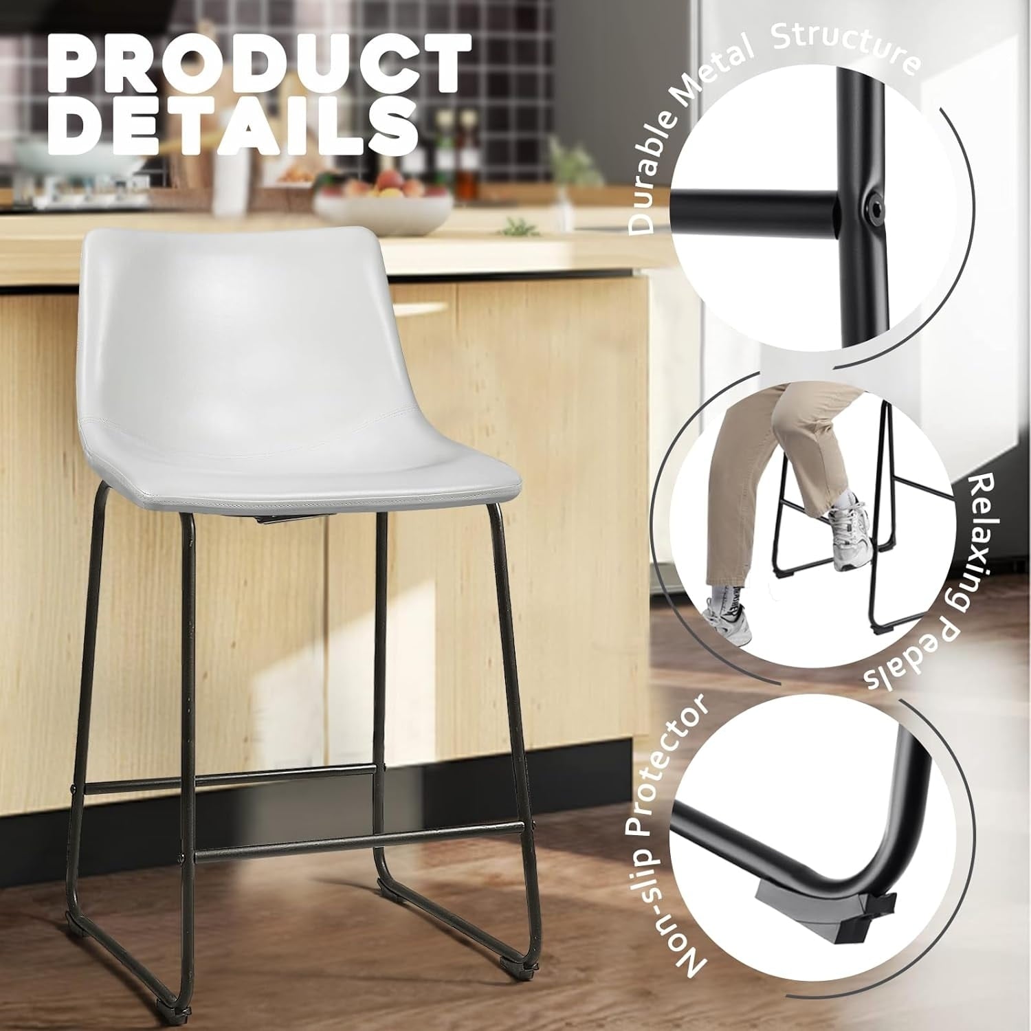 Tabourets de bar Bossin 18/26/30 pouces, tabourets de bar à hauteur de comptoir avec dossier, tabourets modernes en cuir PU, chaise de salle à manger avec repose-pieds