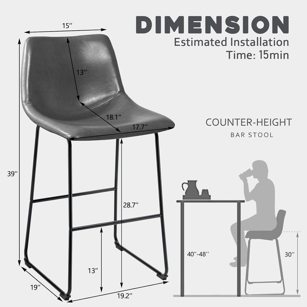 Tabourets de bar Bossin 18/26/30 pouces, tabourets de bar à hauteur de comptoir avec dossier, tabourets modernes en cuir PU, chaise de salle à manger avec repose-pieds