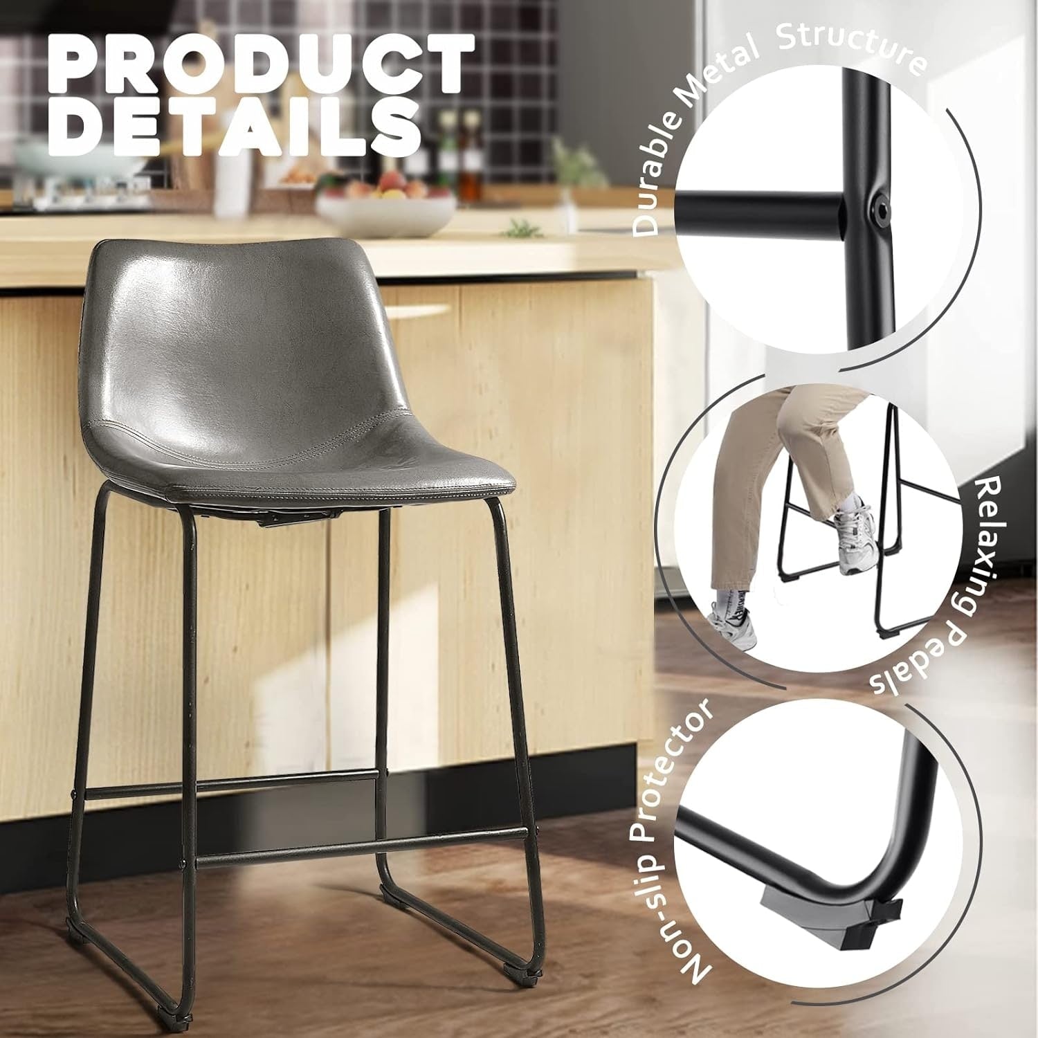 Tabourets de bar Bossin 18/26/30 pouces, tabourets de bar à hauteur de comptoir avec dossier, tabourets modernes en cuir PU, chaise de salle à manger avec repose-pieds