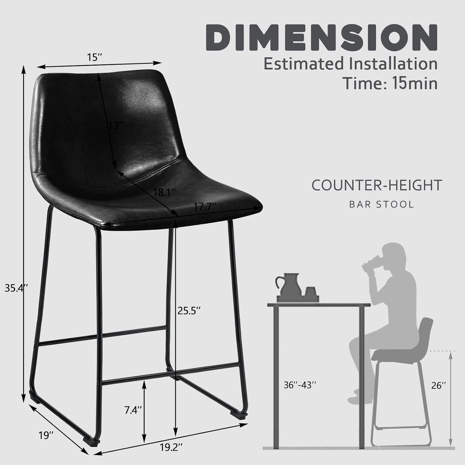 Tabourets de bar Bossin 18/26/30 pouces, tabourets de bar à hauteur de comptoir avec dossier, tabourets modernes en cuir PU, chaise de salle à manger avec repose-pieds