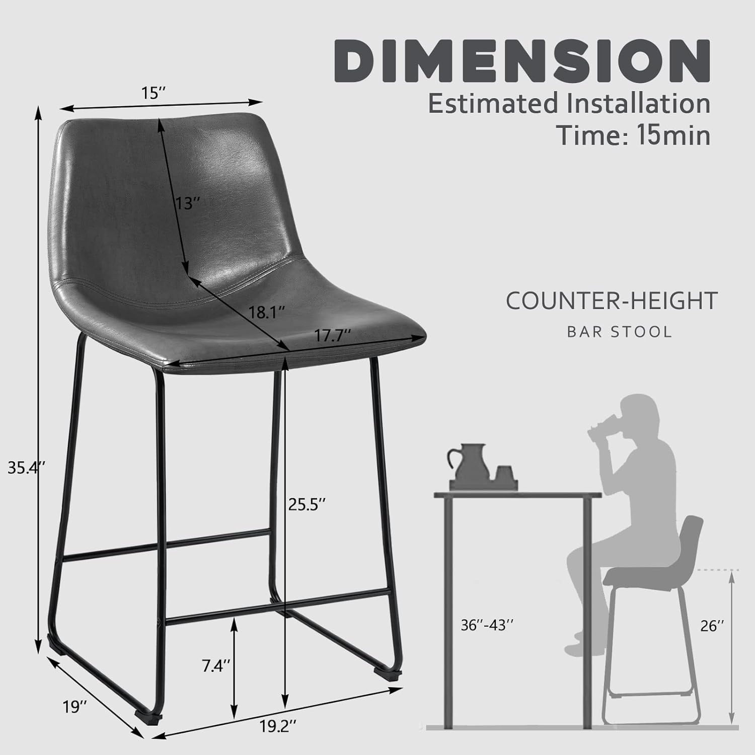 Tabourets de bar Bossin 18/26/30 pouces, tabourets de bar à hauteur de comptoir avec dossier, tabourets modernes en cuir PU, chaise de salle à manger avec repose-pieds